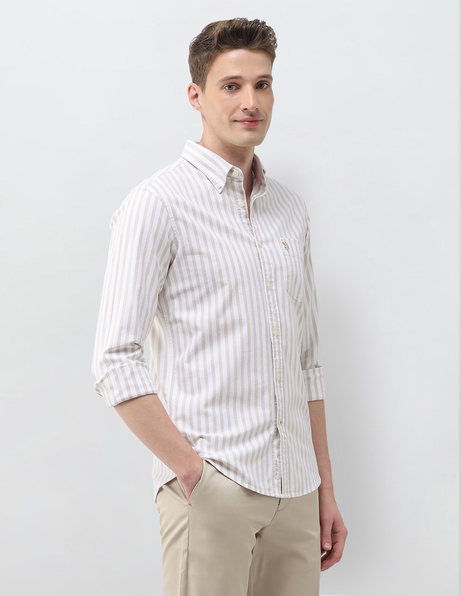 Vertical Striped Regular Fit Shirt Beige - U.S. Polo Assn. India | Large