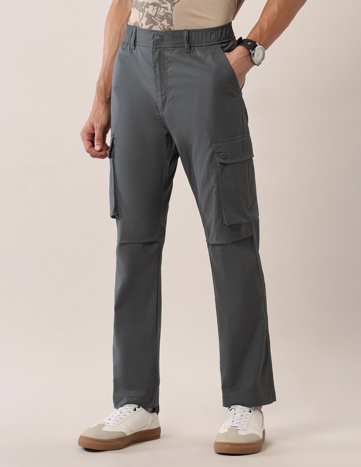 Mid Rise Solid Straight Fit Cargos Charcoal - U.S. Polo Assn. India | Large