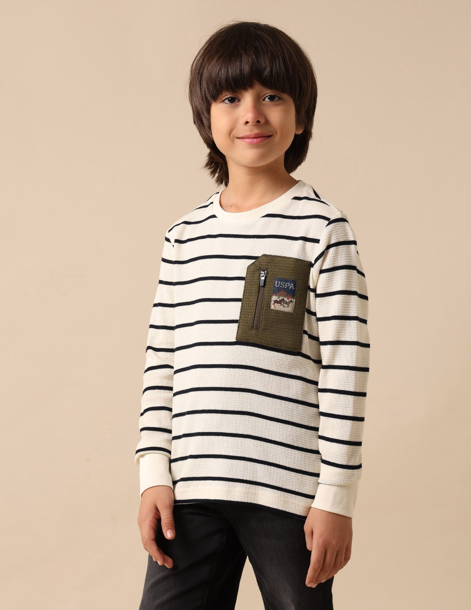 Boys Horizontal Striped Regular Fit T Shirt Off White - U.S. POLO ASSN. | Large