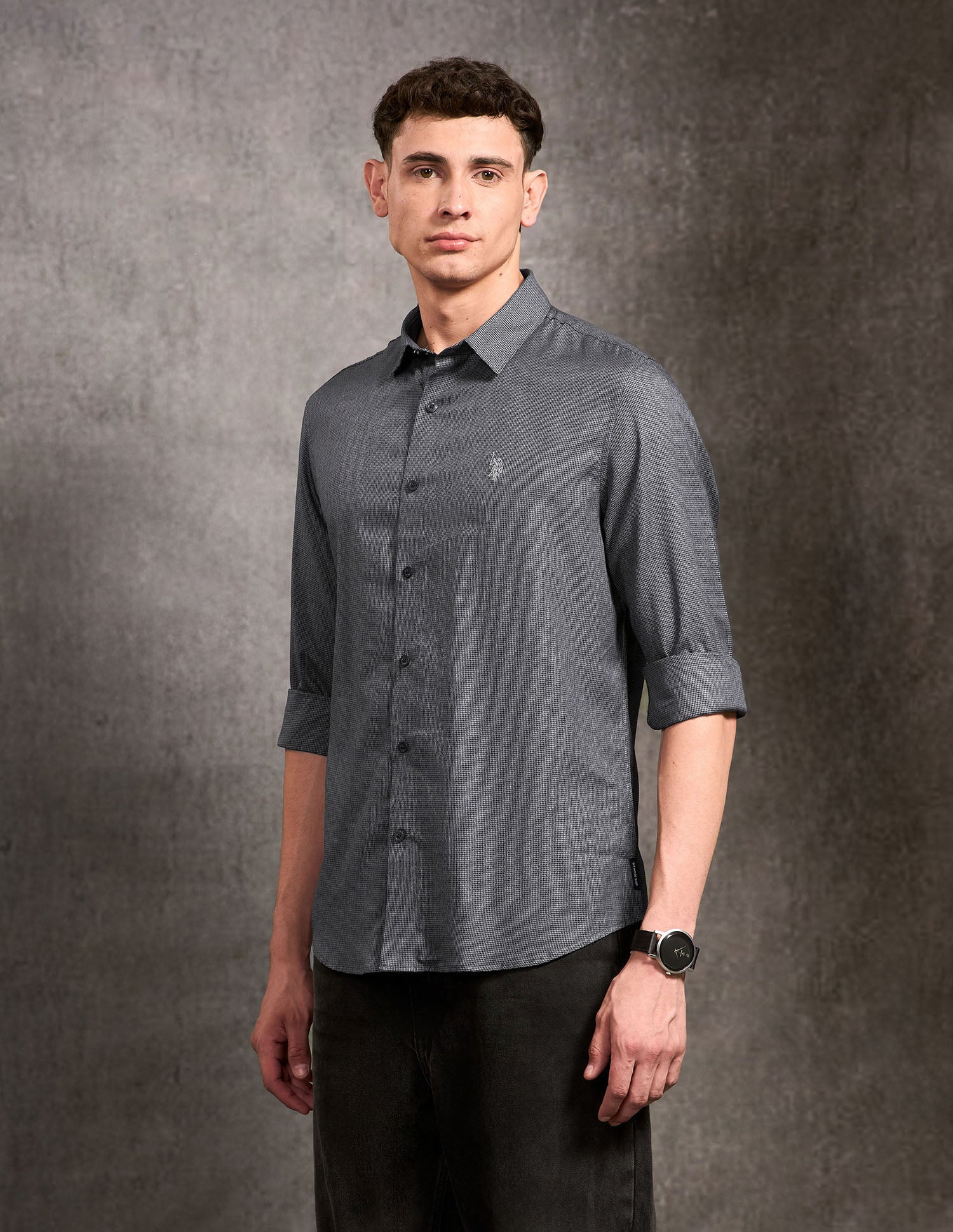 Black & Gold Self Design Houndstooth Shirt Charcoal - U.S. POLO ASSN. | Large