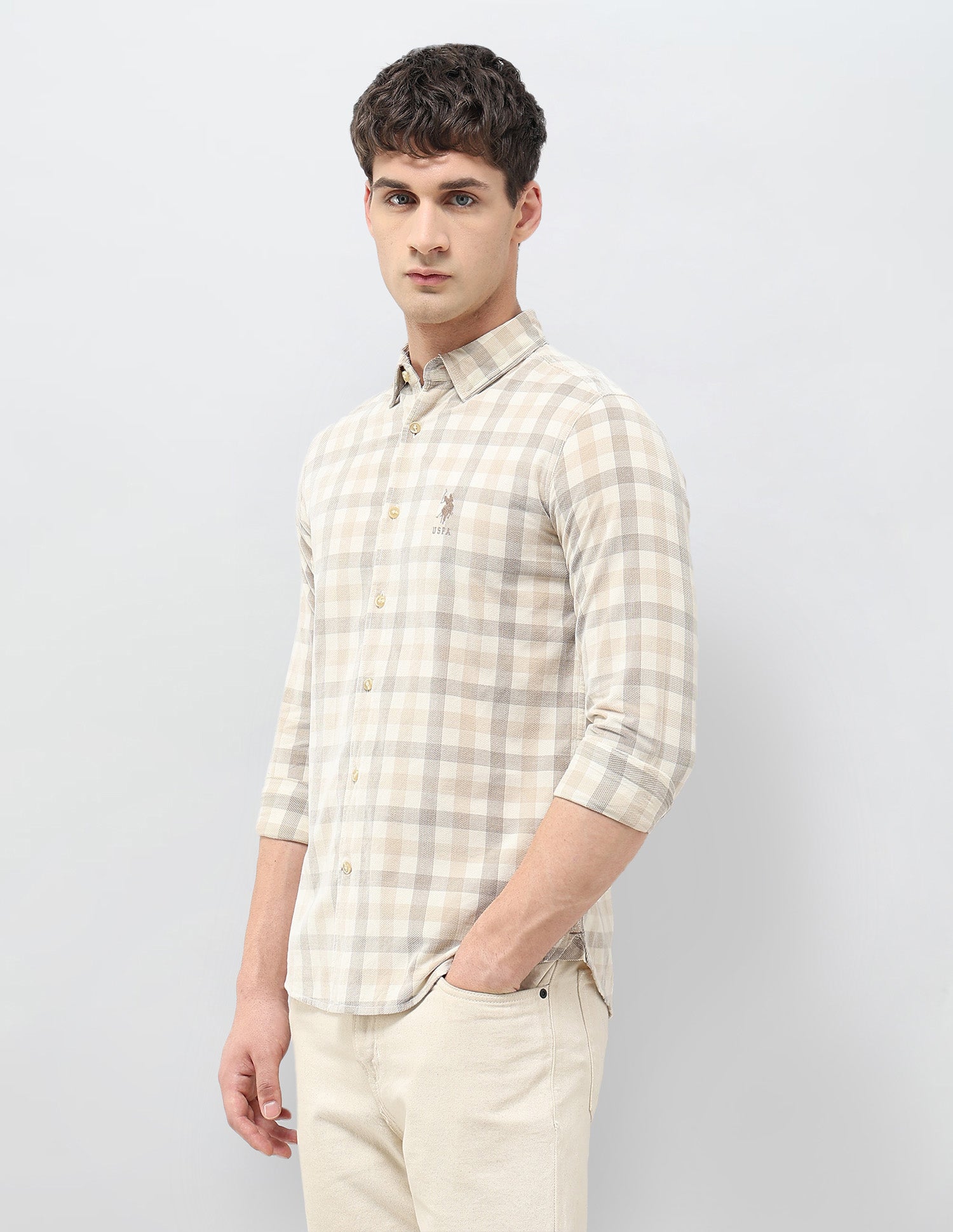 Grid Tattersall Checked Corduroy Shirt Beige - U.S. POLO ASSN. | Large