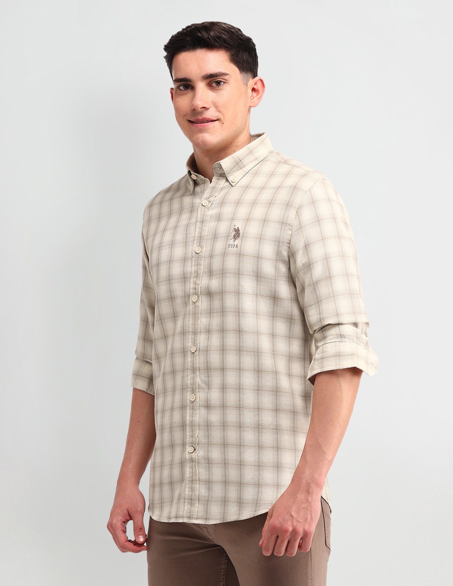 Tartan Checked Slim Fit Shirt Beige - U.S. Polo Assn. India | Large