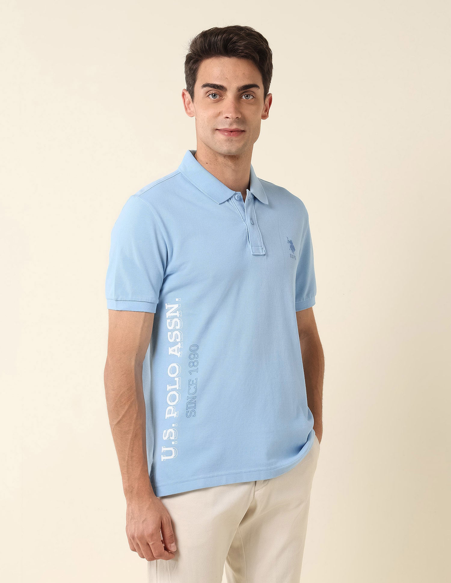Brand Printed Pure Cotton Polo Shirt Light Blue - U.S. Polo Assn. India | Large