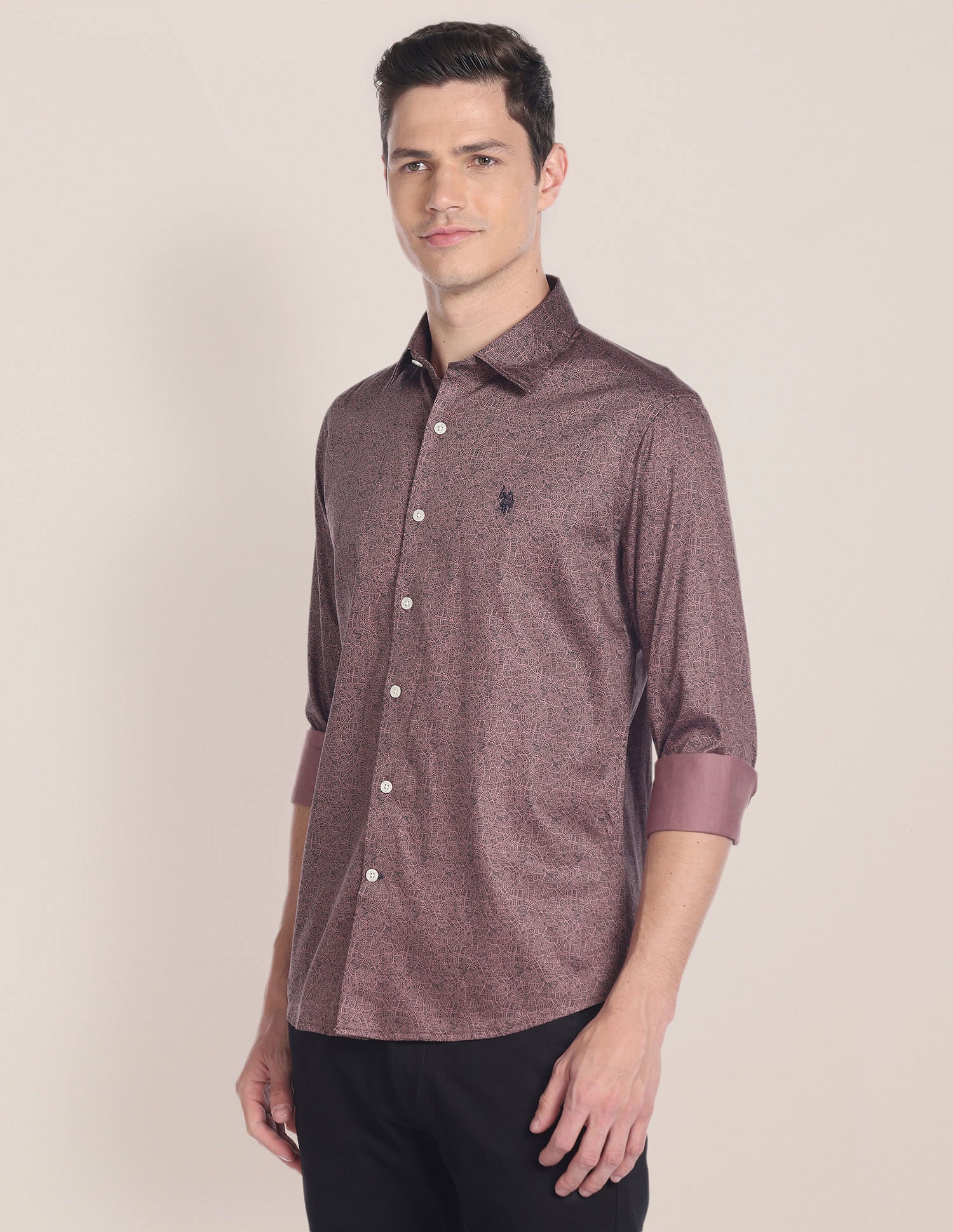 Cutaway Collar Geometric Print Shirt Brown - U.S. POLO ASSN. | Large