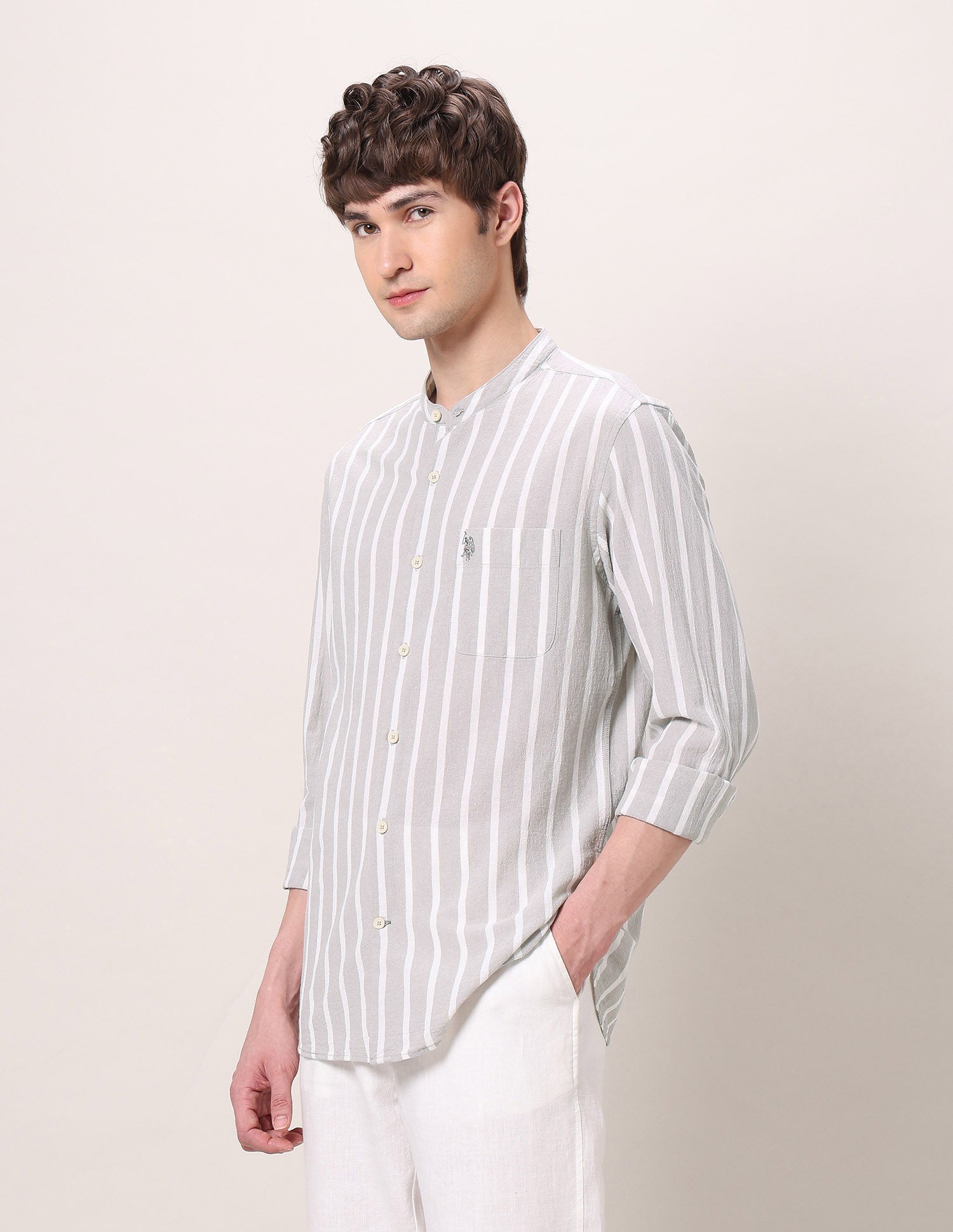 Pure Cotton Poplin Mandarin Shirt Grey - U.S. Polo Assn. India | Large