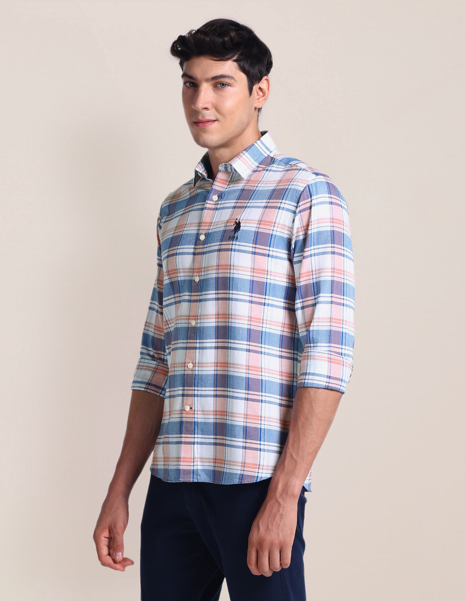 Tartan Check Tailored Fit Shirt Peach - U.S. POLO ASSN. | Large