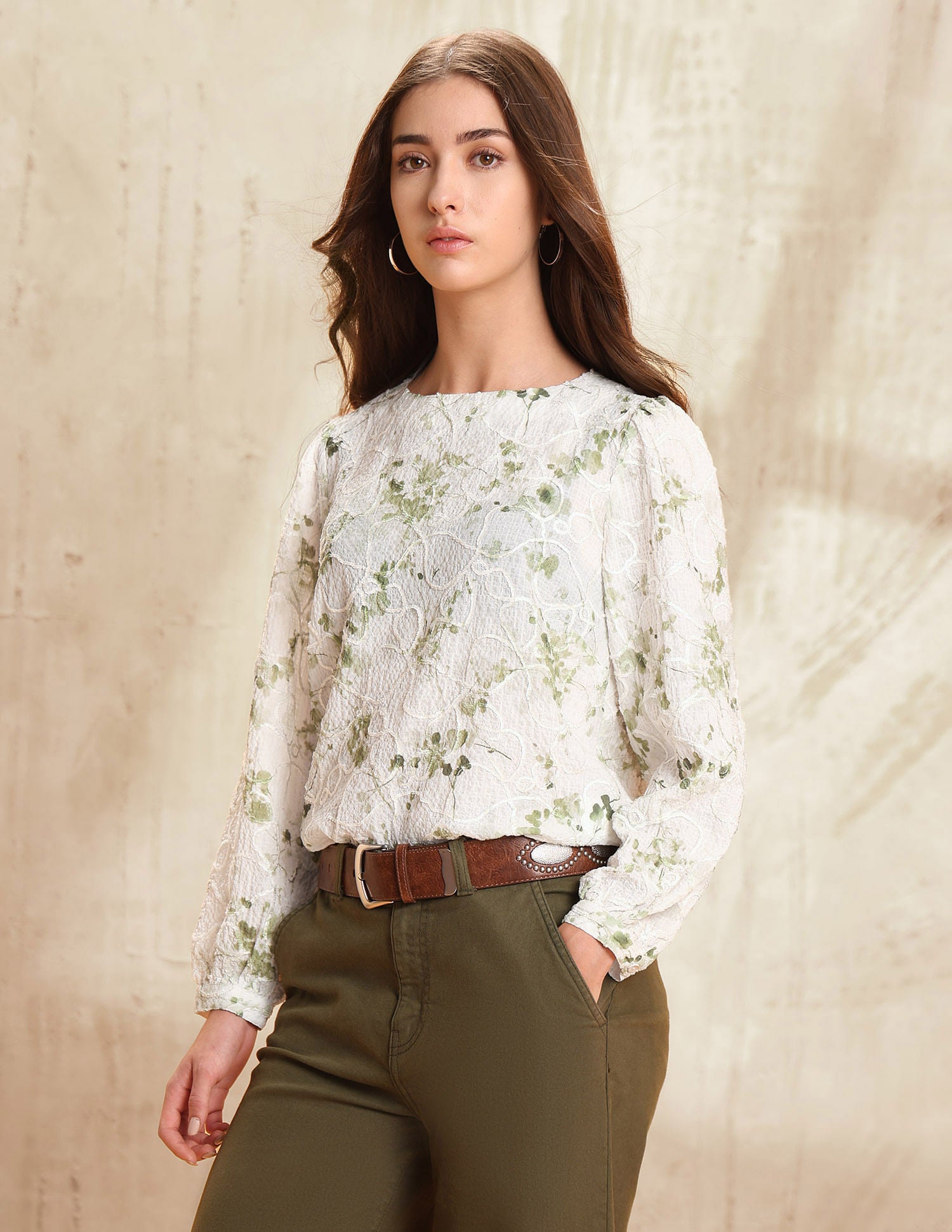 Floral Textured Top Olive - U.S. POLO ASSN. | Large