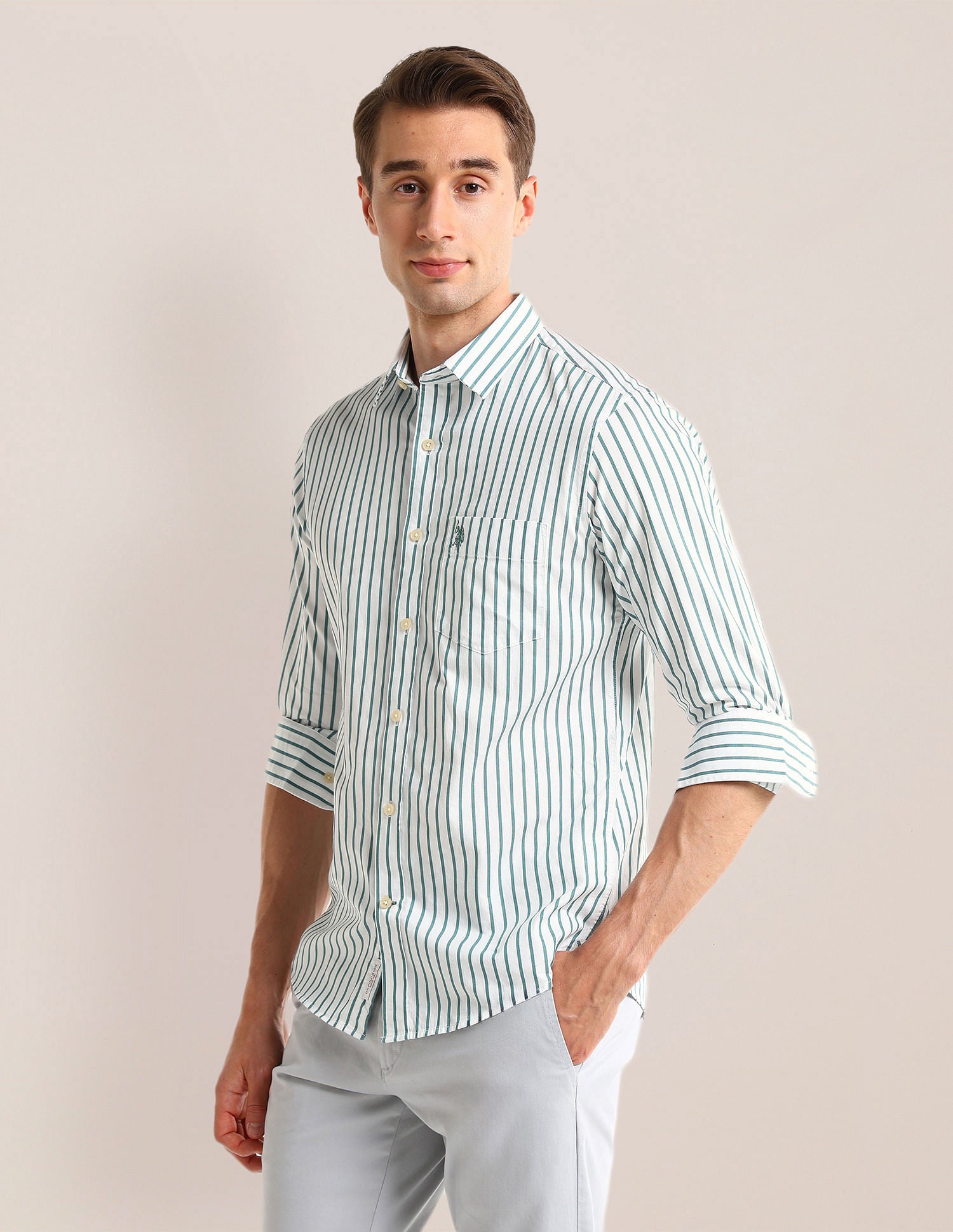 Tailored Fit Vertical Striped Shirt Off-White - U.S. Polo Assn. India | Large