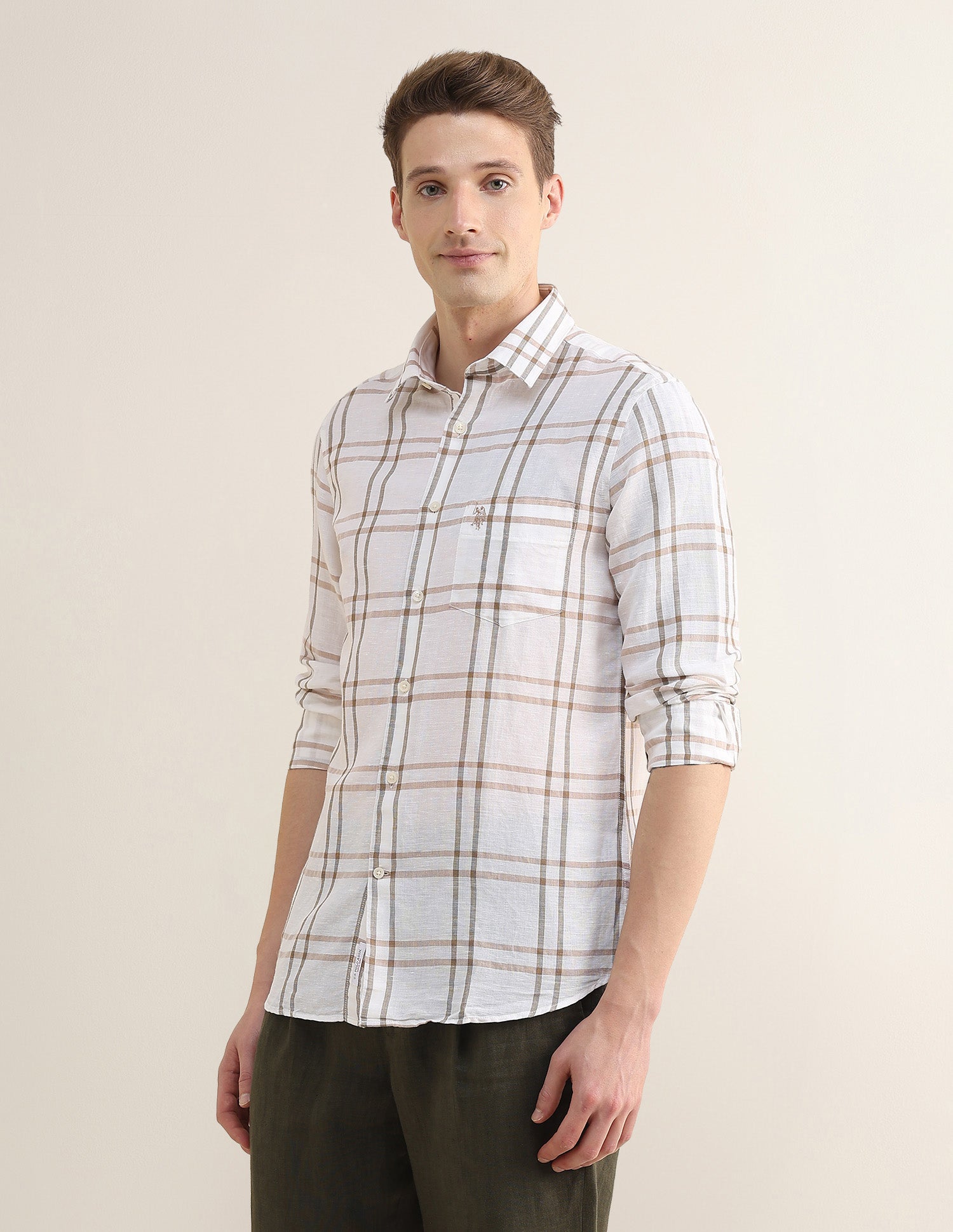 Grid Tattersall Checked Regular Fit Shirt Beige - U.S. Polo Assn. India | Large