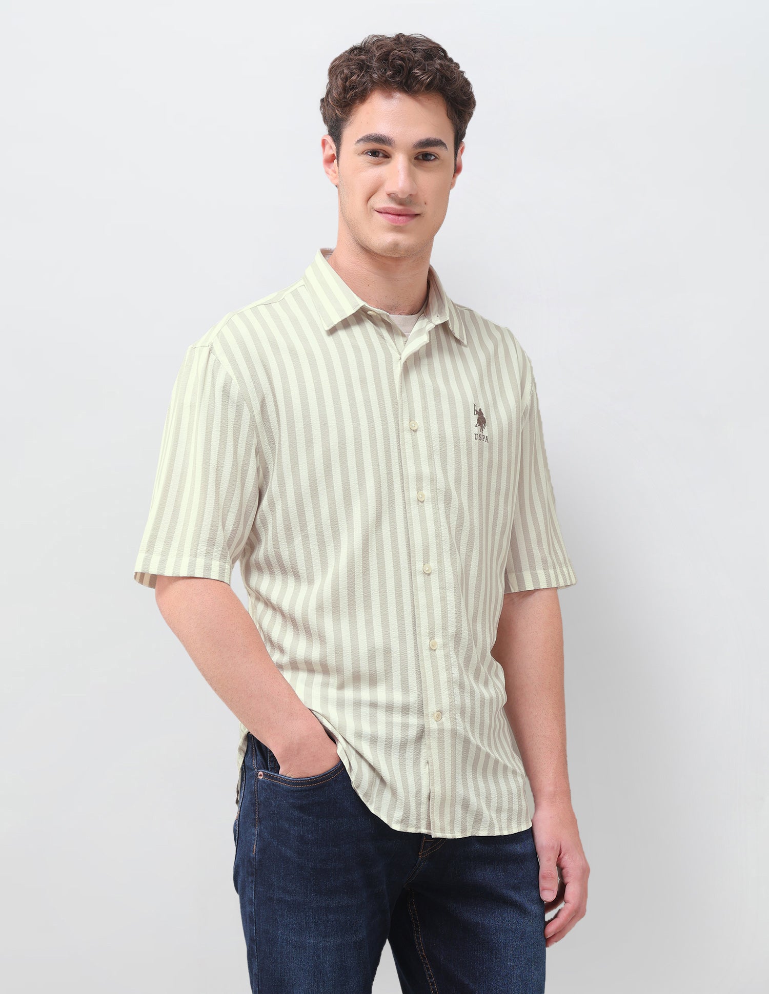 Vertical Striped Seersucker Weave Shirt Light Khaki - U.S. Polo Assn. India | Large