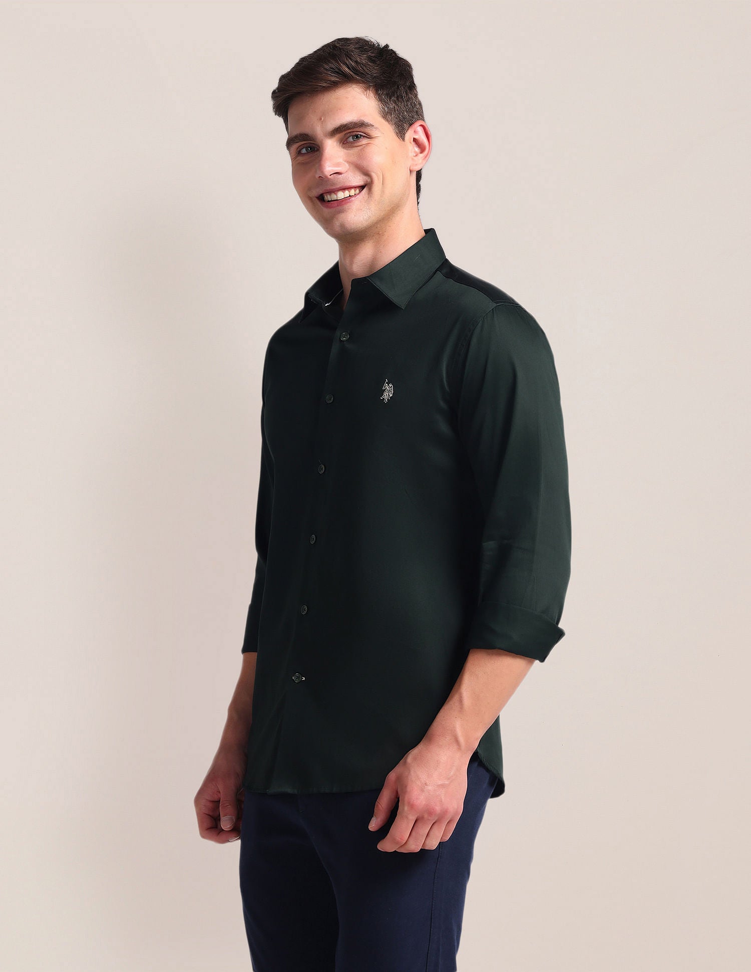 Semi-Cutaway Collar Solid Shirt Green - U.S. Polo Assn. India | Large