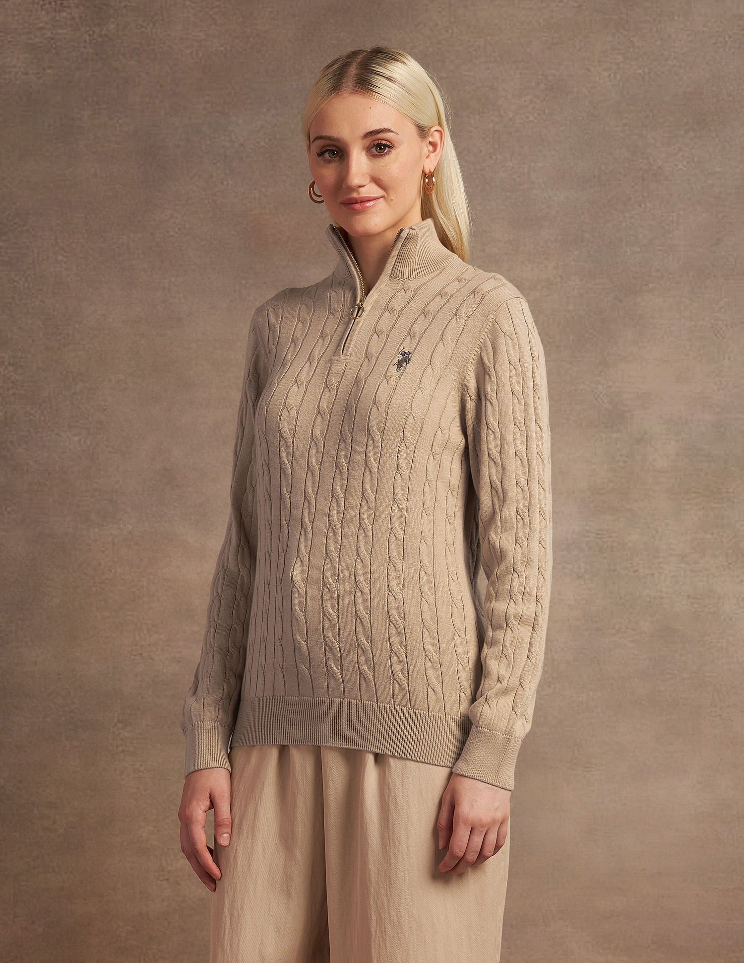 High Neck Cable Knit Sweater Beige - U.S. Polo Assn. India | Large