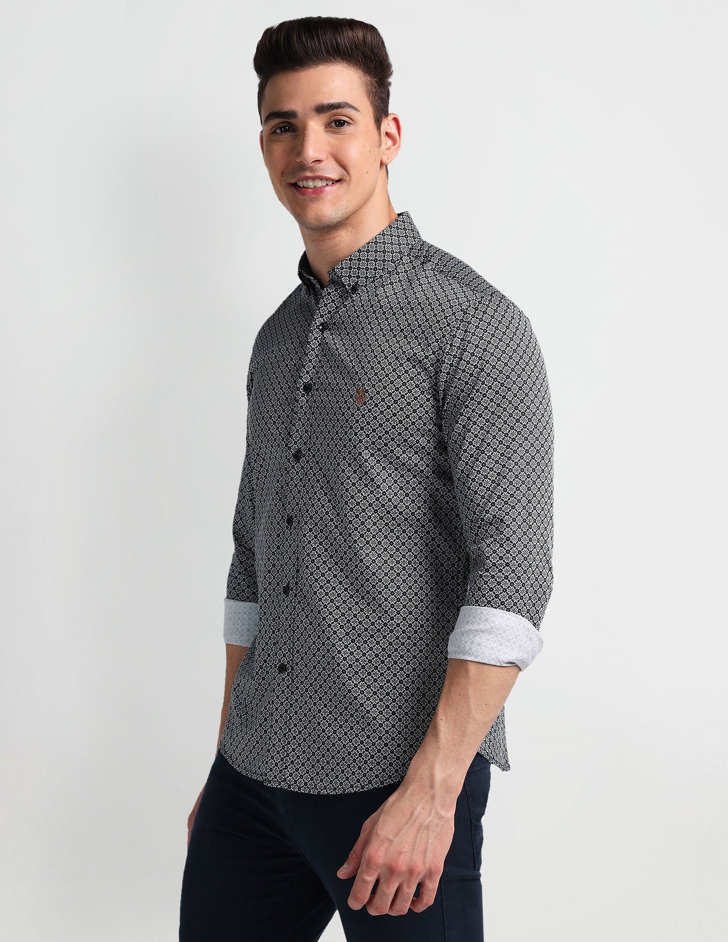 Slim Fit Motif Print Shirt Black - U.S. Polo Assn. India | Large