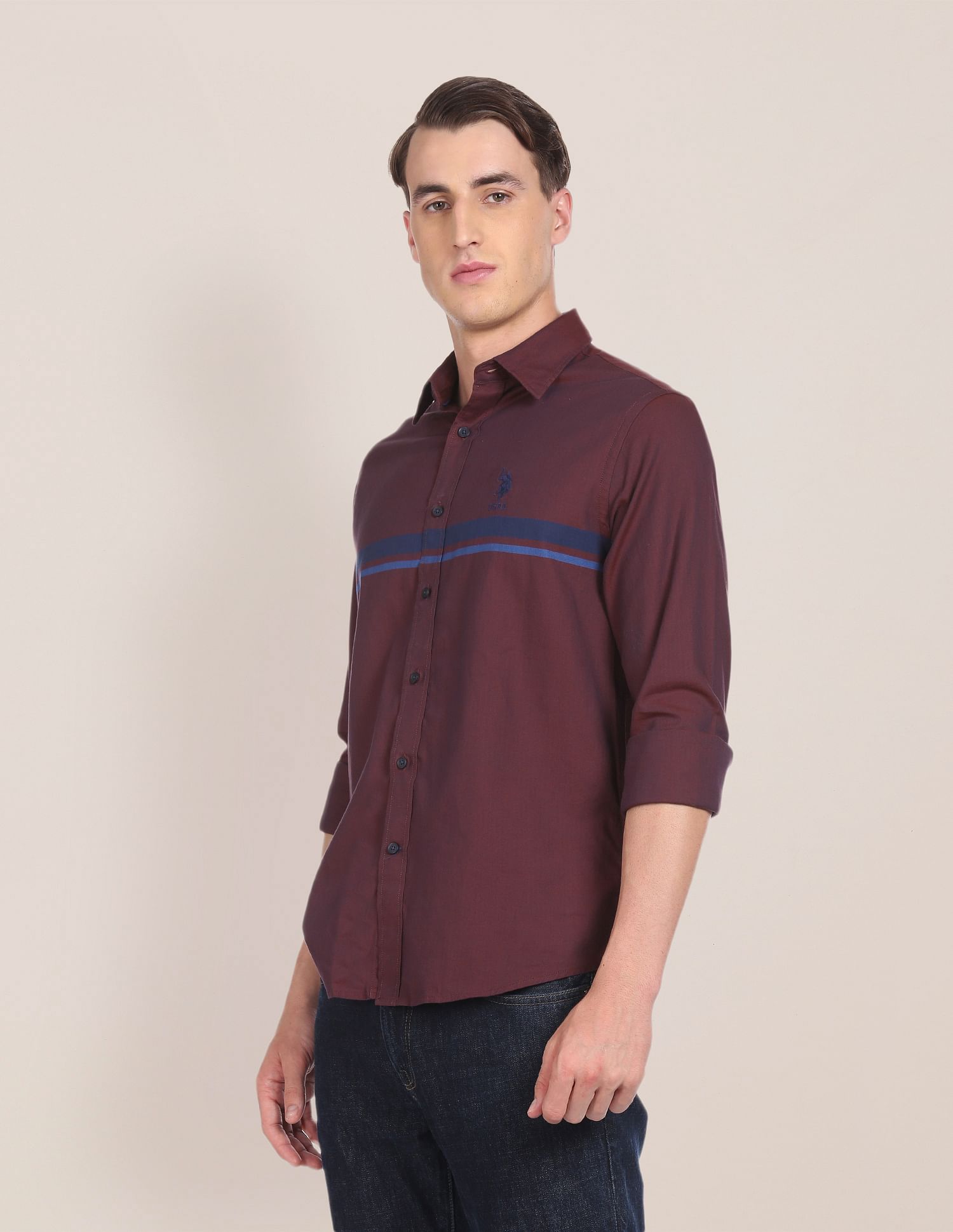 Spread Collar Striped Casual Shirt Maroon - U.S. Polo Assn. India | Large