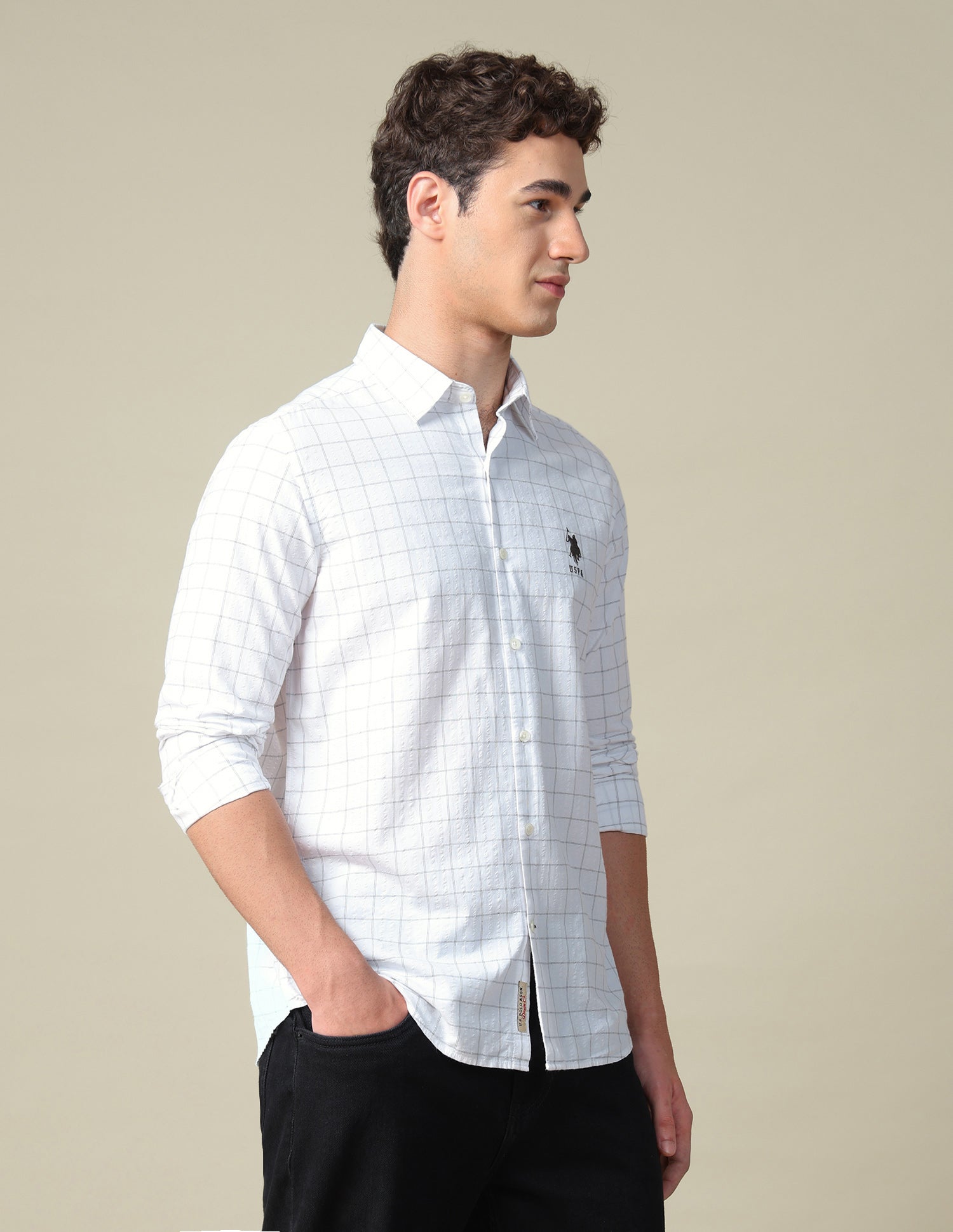 Windowpane Checked Seersucker Shirt White - U.S. Polo Assn. India | Large