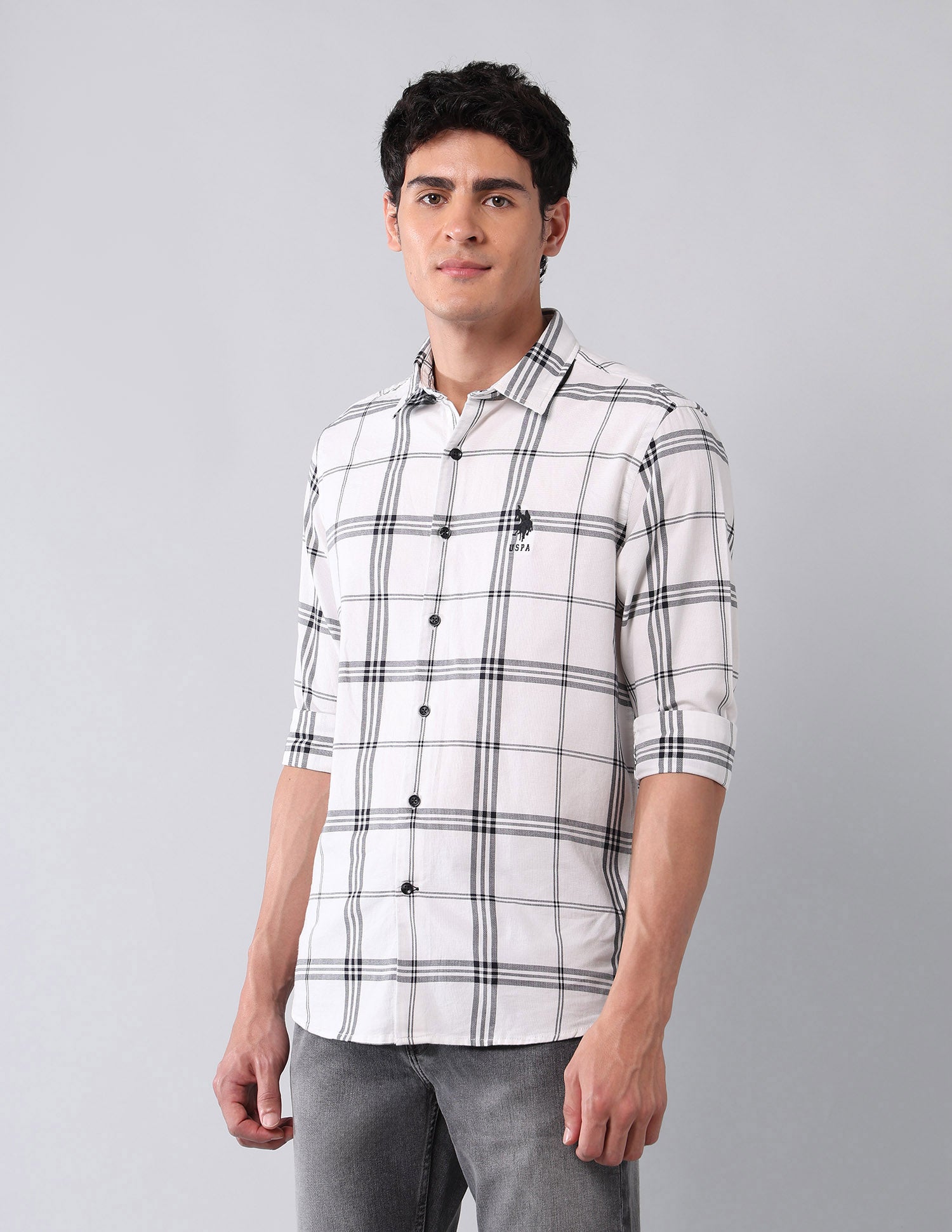 Grid Tattersall Checked Pure Cotton Shirt White - U.S. POLO ASSN. | Large