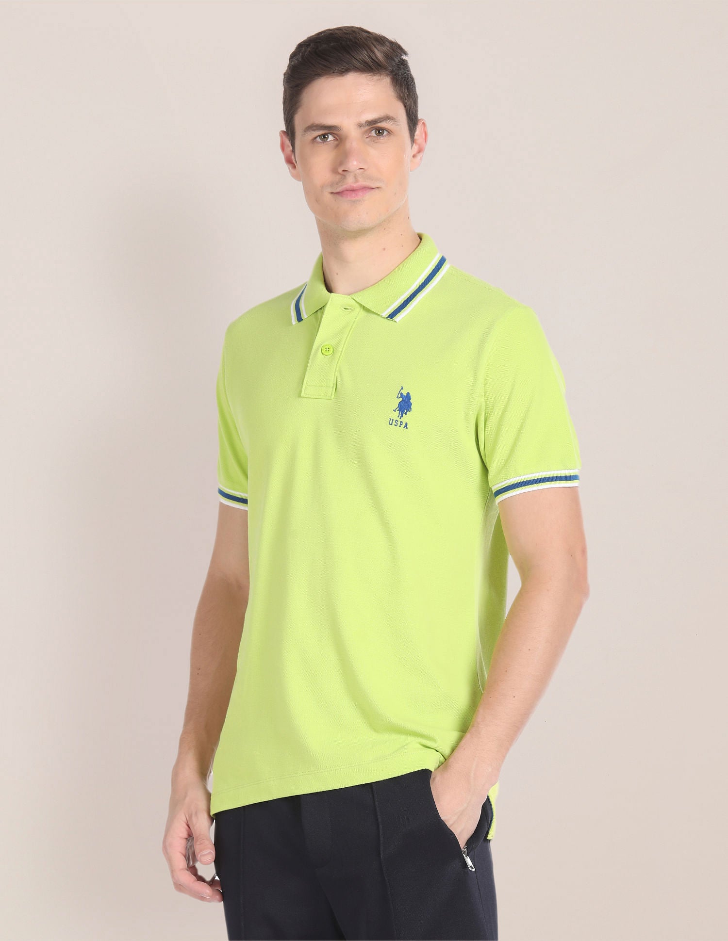 Striped Collar Solid Polo Shirt Green - U.S. POLO ASSN. | Large