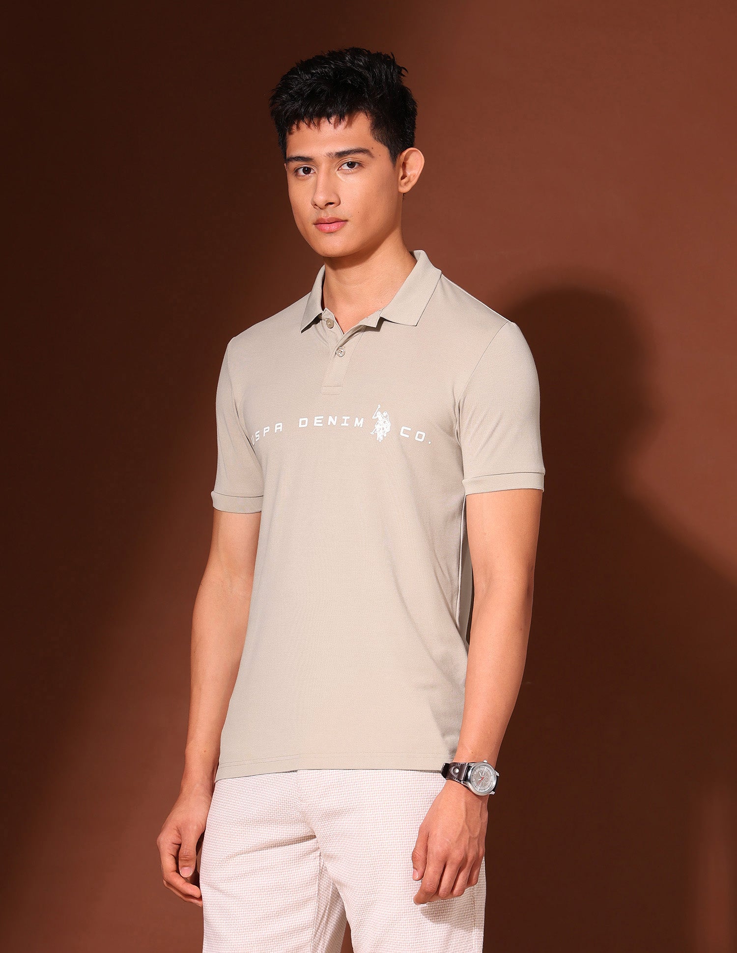 Brand Printed Work And Wander Polo Shirt Beige - U.S. Polo Assn. India | Large