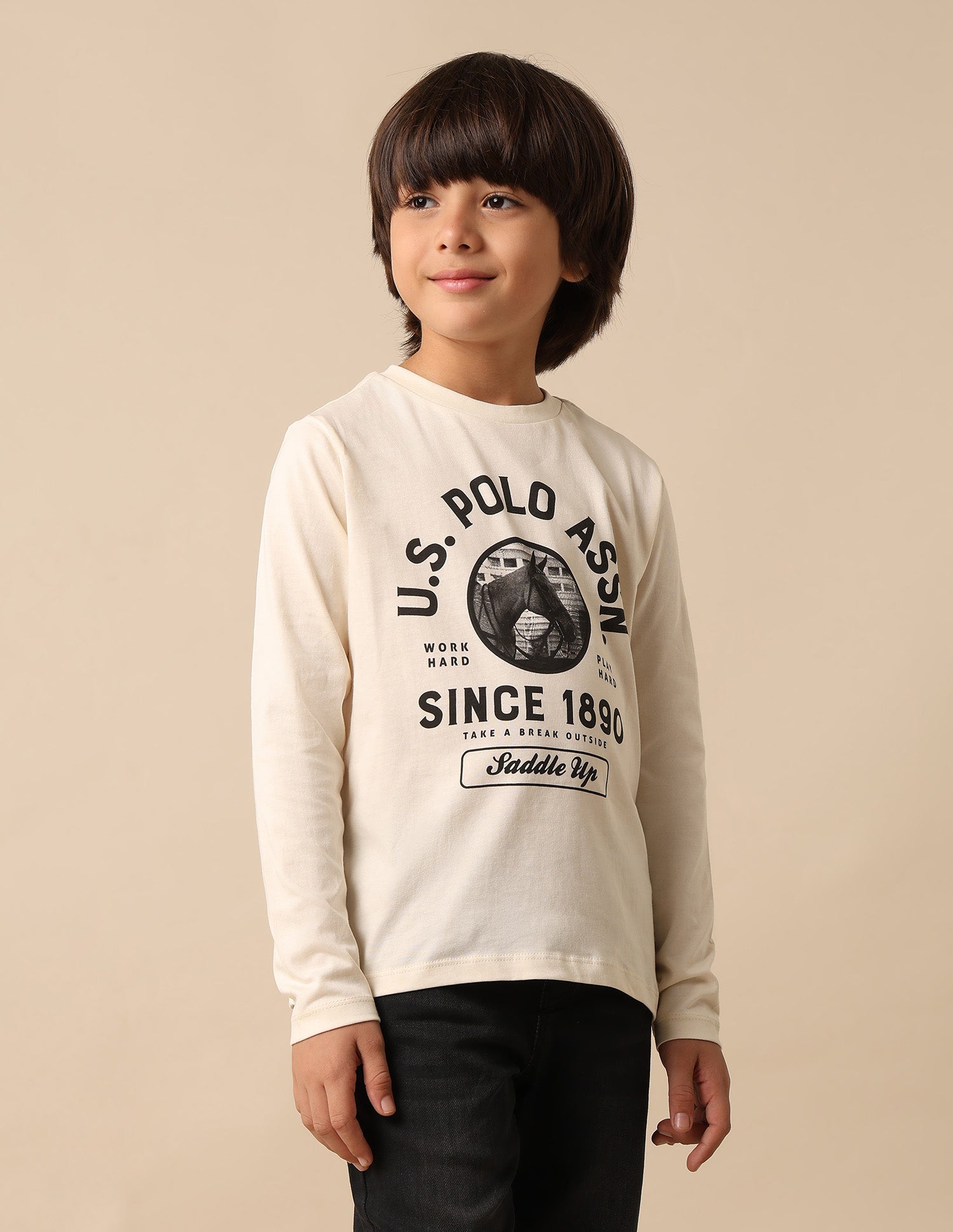 Boys Graphic Brand Printed Regular Fit T Shirt Off White - U.S. POLO ASSN. | Large