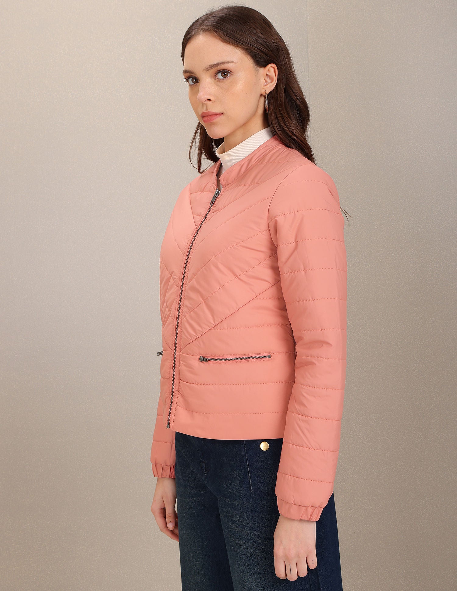Stand Collar Solid Padded Crop Jacket Light Pink - U.S. POLO ASSN. | Large