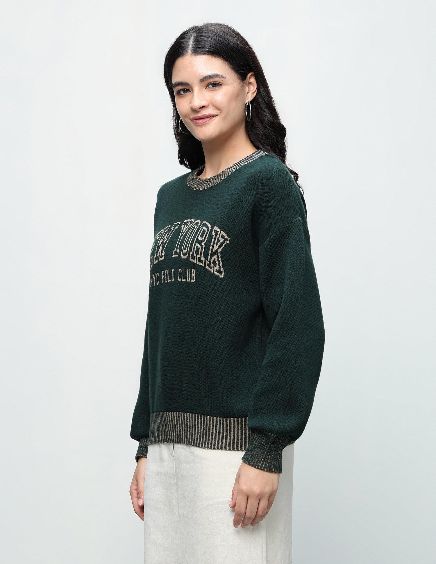 Typographic Patterned Knit Oversized Fit Sweater Dark Green - U.S. Polo Assn. India | Large