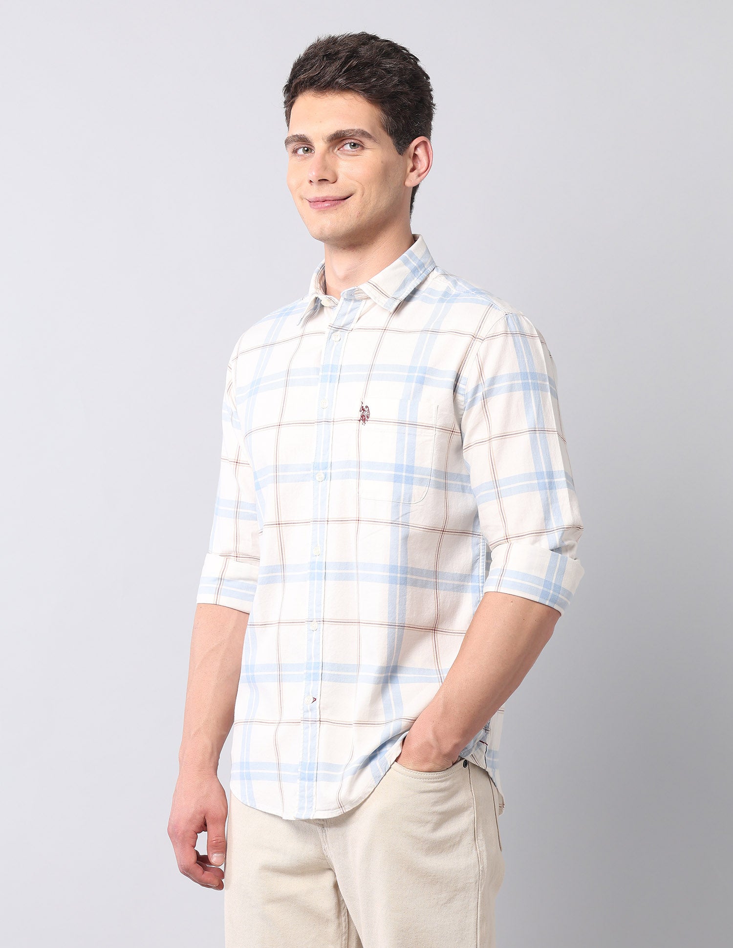 Tartan Checked Pure Cotton Shirt Ivory - U.S. Polo Assn. India | Large
