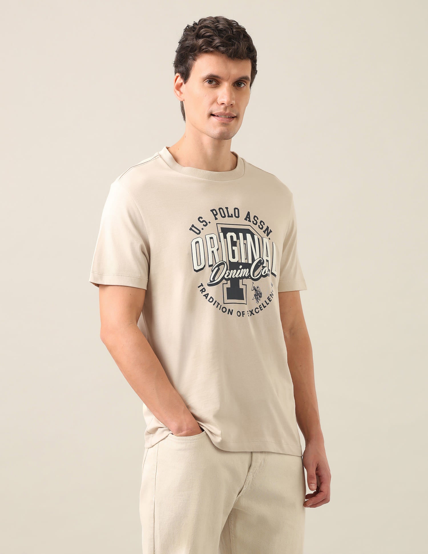 Graphic Printed Regular Fit T-Shirt Beige - U.S. Polo Assn. India | Large