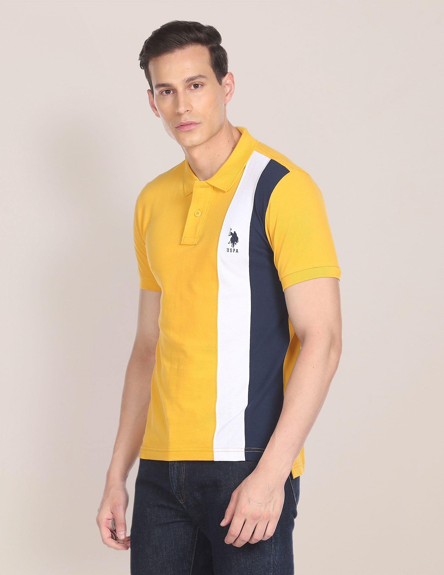 Ribbed Collar Striped Polo Shirt Mustard - U.S. Polo Assn. India | Large