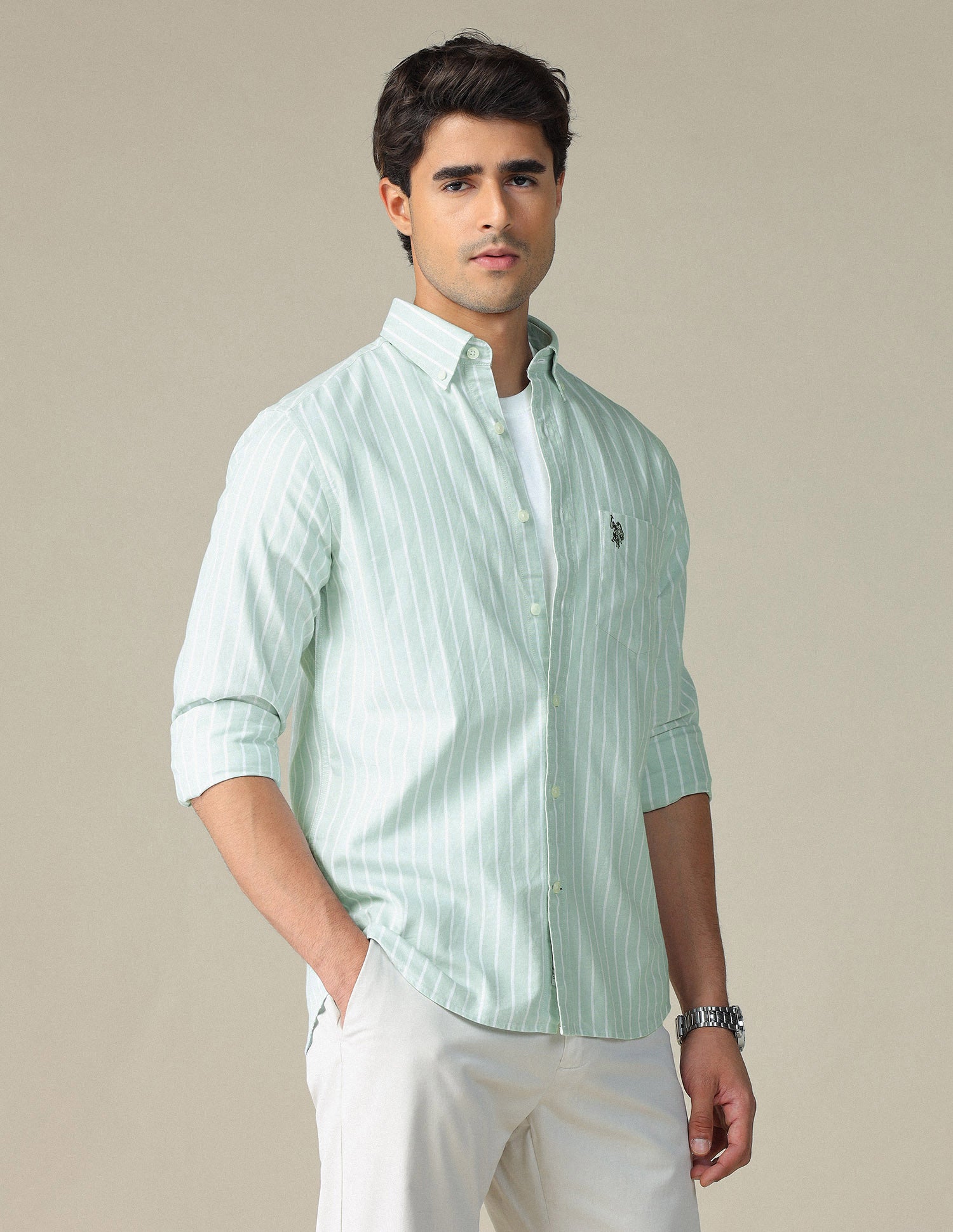 Vertical Striped Button Down Shirt Green - U.S. Polo Assn. India | Large