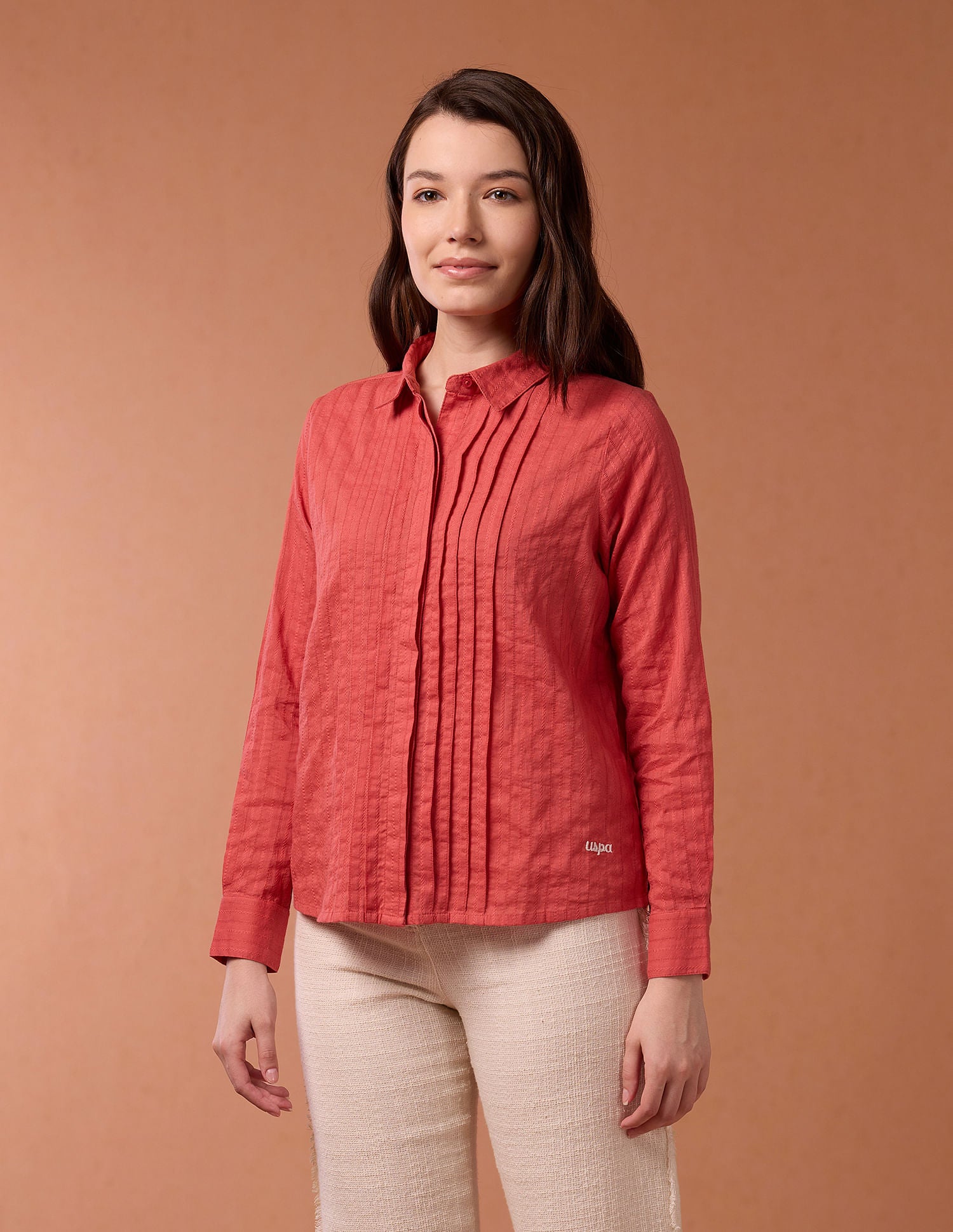 Pin Tucked Embroidered Shirt Coral - U.S. POLO ASSN. | Large