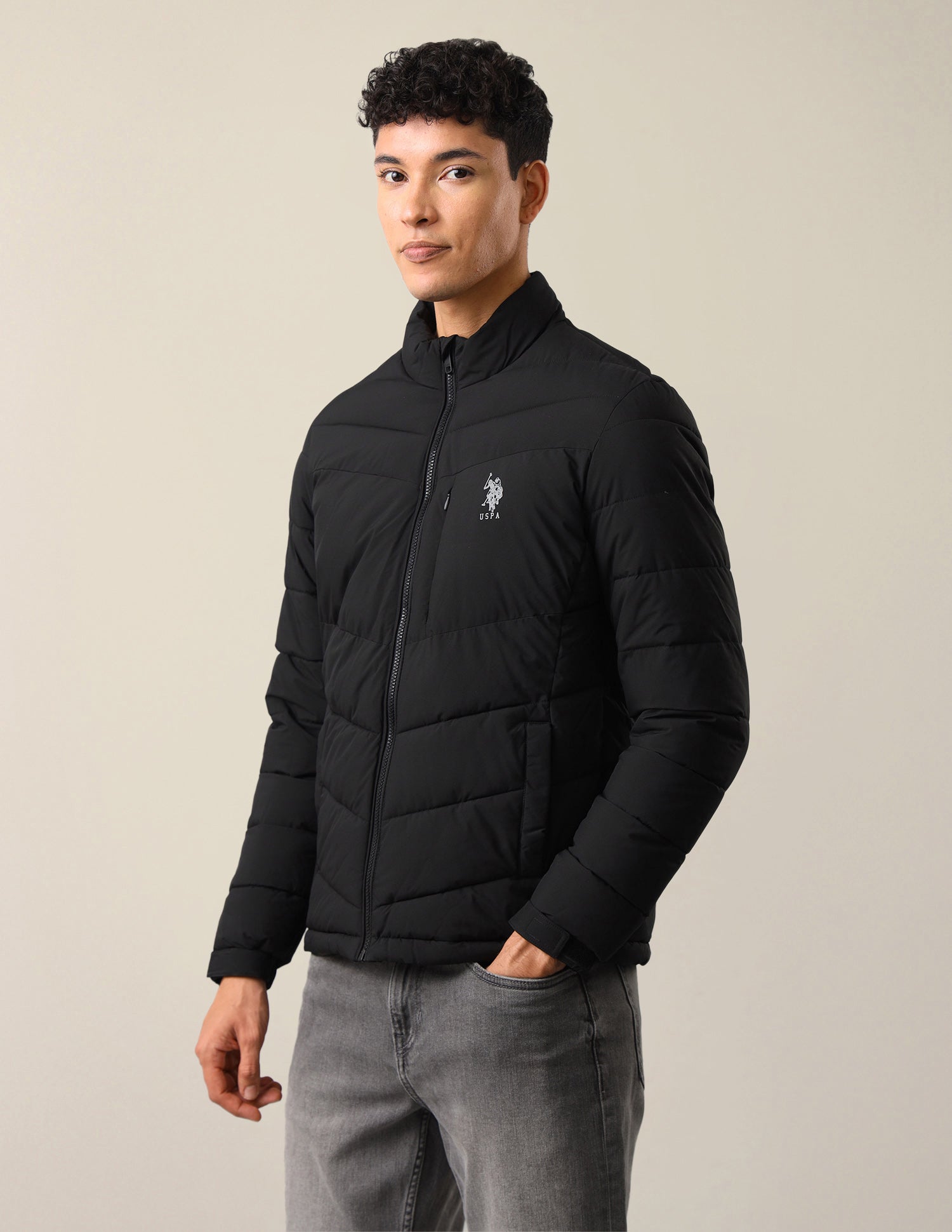 Solid Regular Fit Puffer Jacket Black - U.S. Polo Assn. India | Large