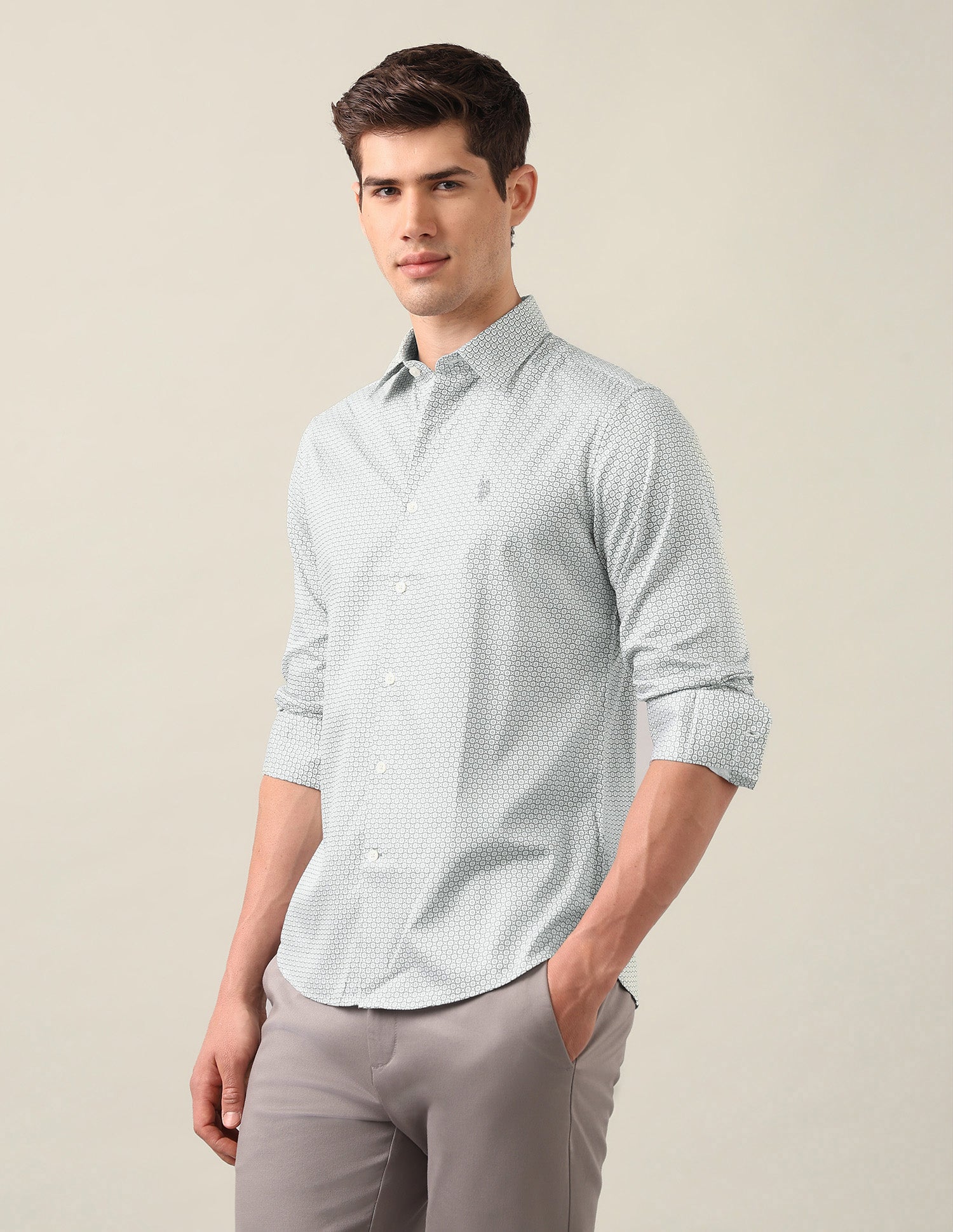 Geometric Printed Satin Shirt Light Grey - U.S. Polo Assn. India | Large