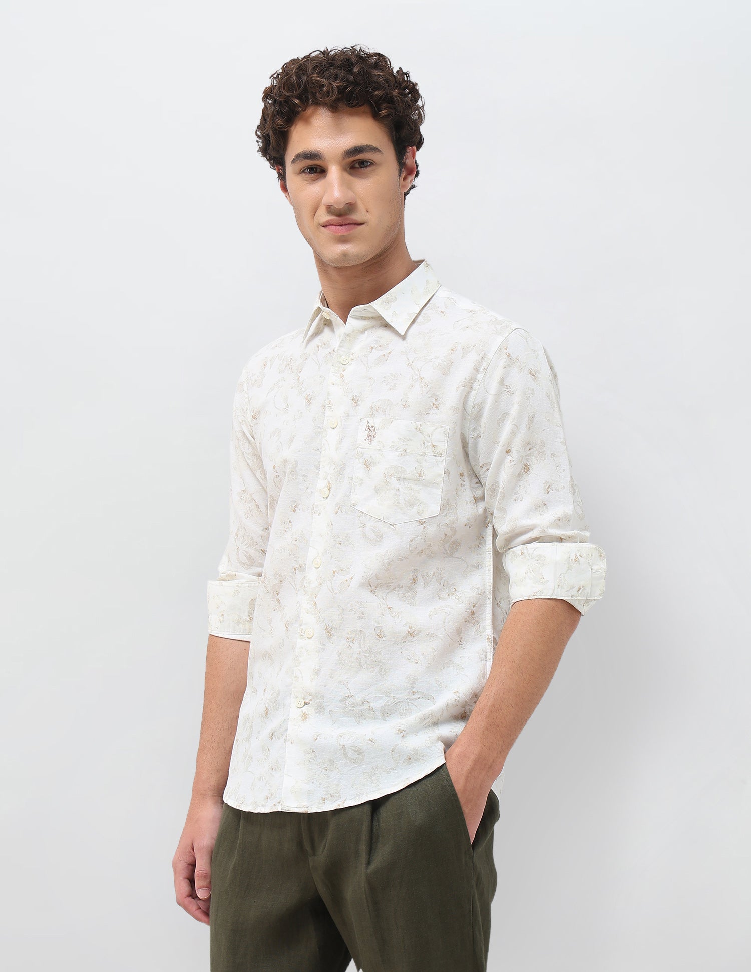 Floral Printed Regular Fit Shirt Ivory - U.S. Polo Assn. India | Large