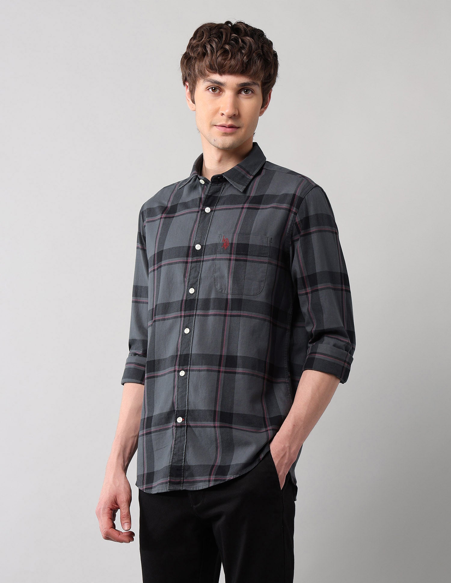 Grid Tattersall Checked Pure Cotton Shirt Grey - U.S. POLO ASSN. | Large