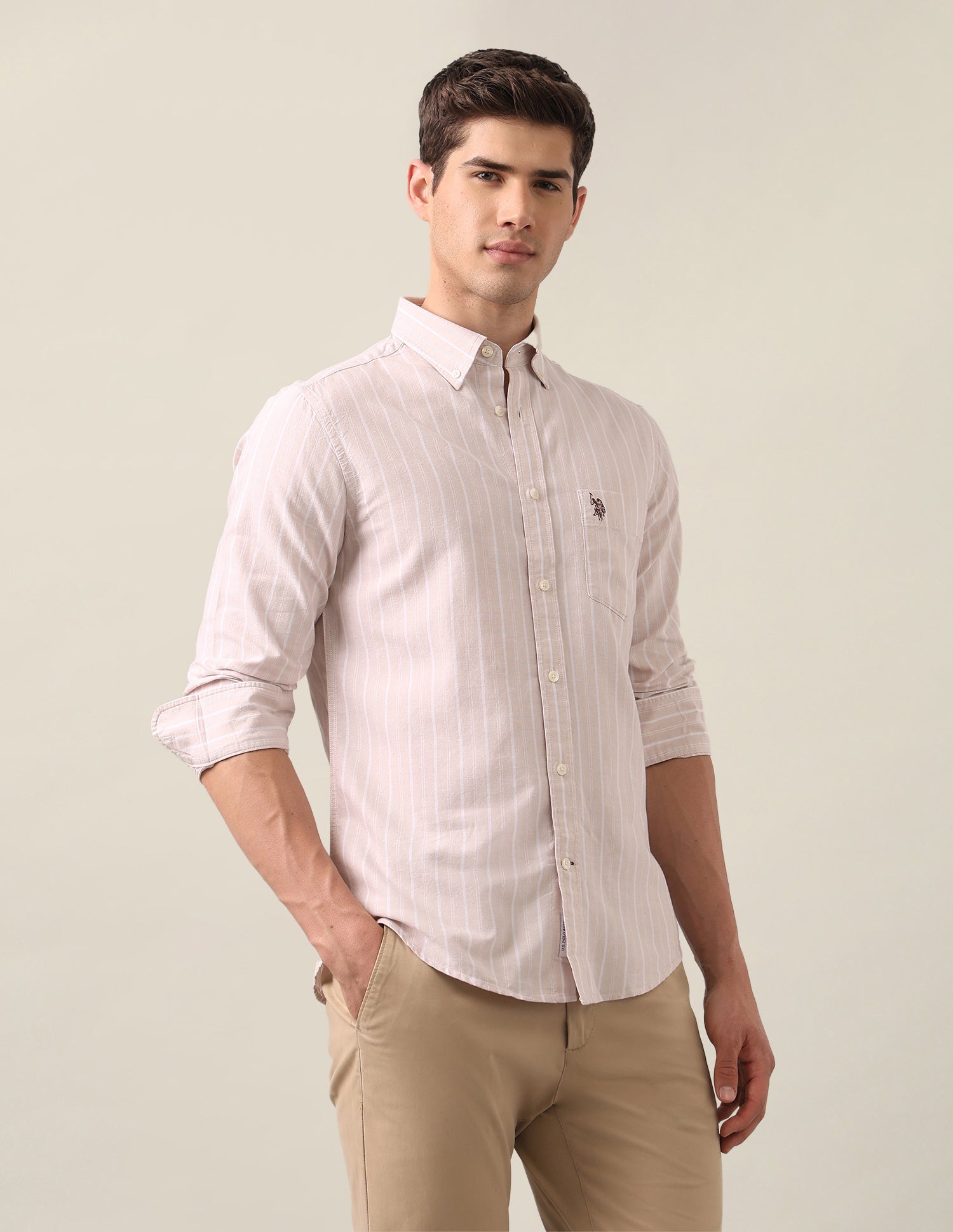 Vertical Striped Oxford Shirt Beige - U.S. Polo Assn. India | Large