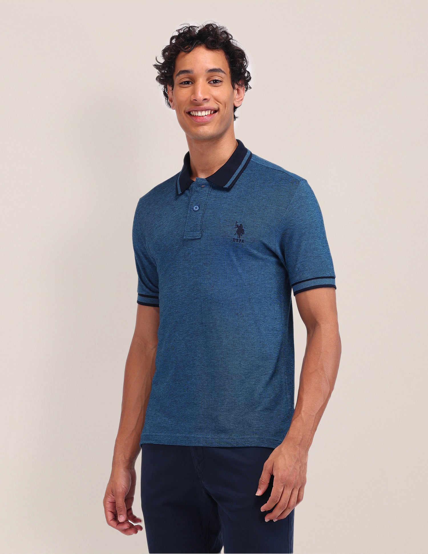 Textured Cotton Polo Shirt Blue - U.S. Polo Assn. India | Large