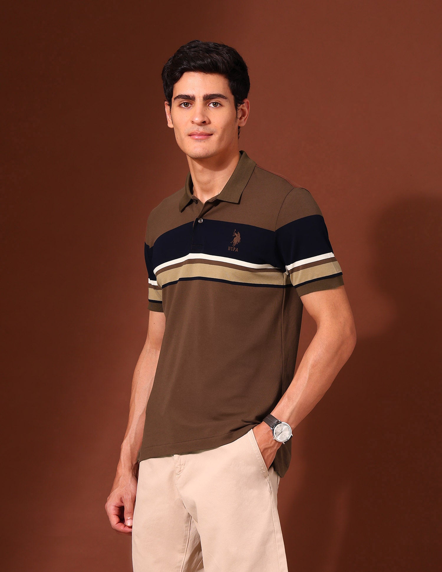 Horizontal Striped Slim Fit Varsity Polo Shirt Dark Brown - U.S. Polo Assn. India | Large