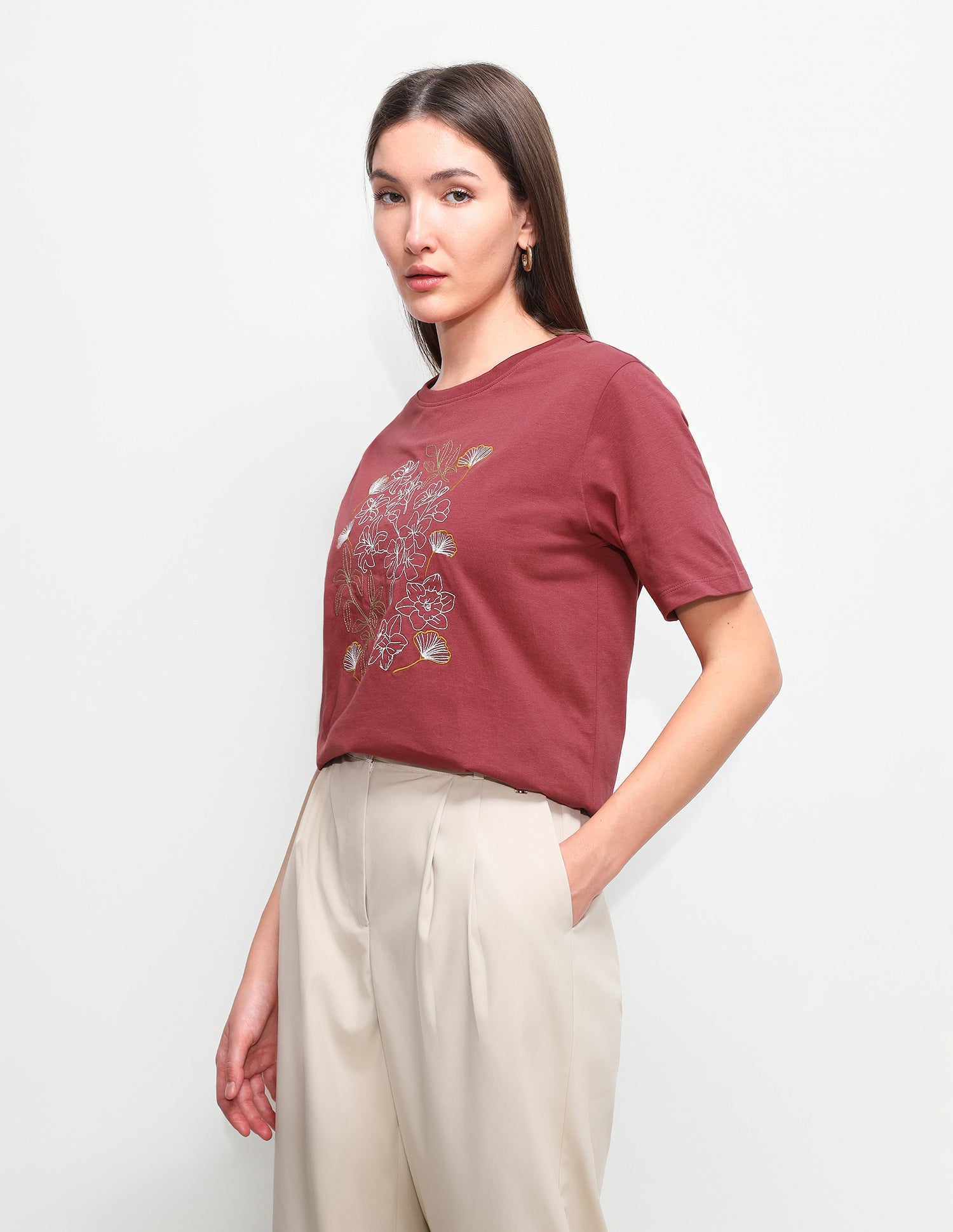 Floral Embroidered Boxy Fit T-Shirt Maroon - U.S. Polo Assn. India | Large