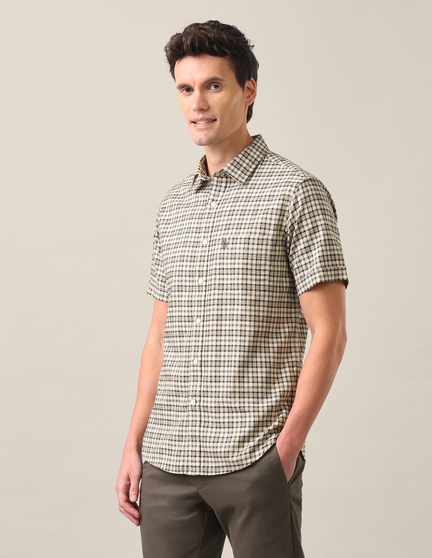 Plaid Checked Tailored Fit Shirt Olive Green - U.S. Polo Assn. India | Large