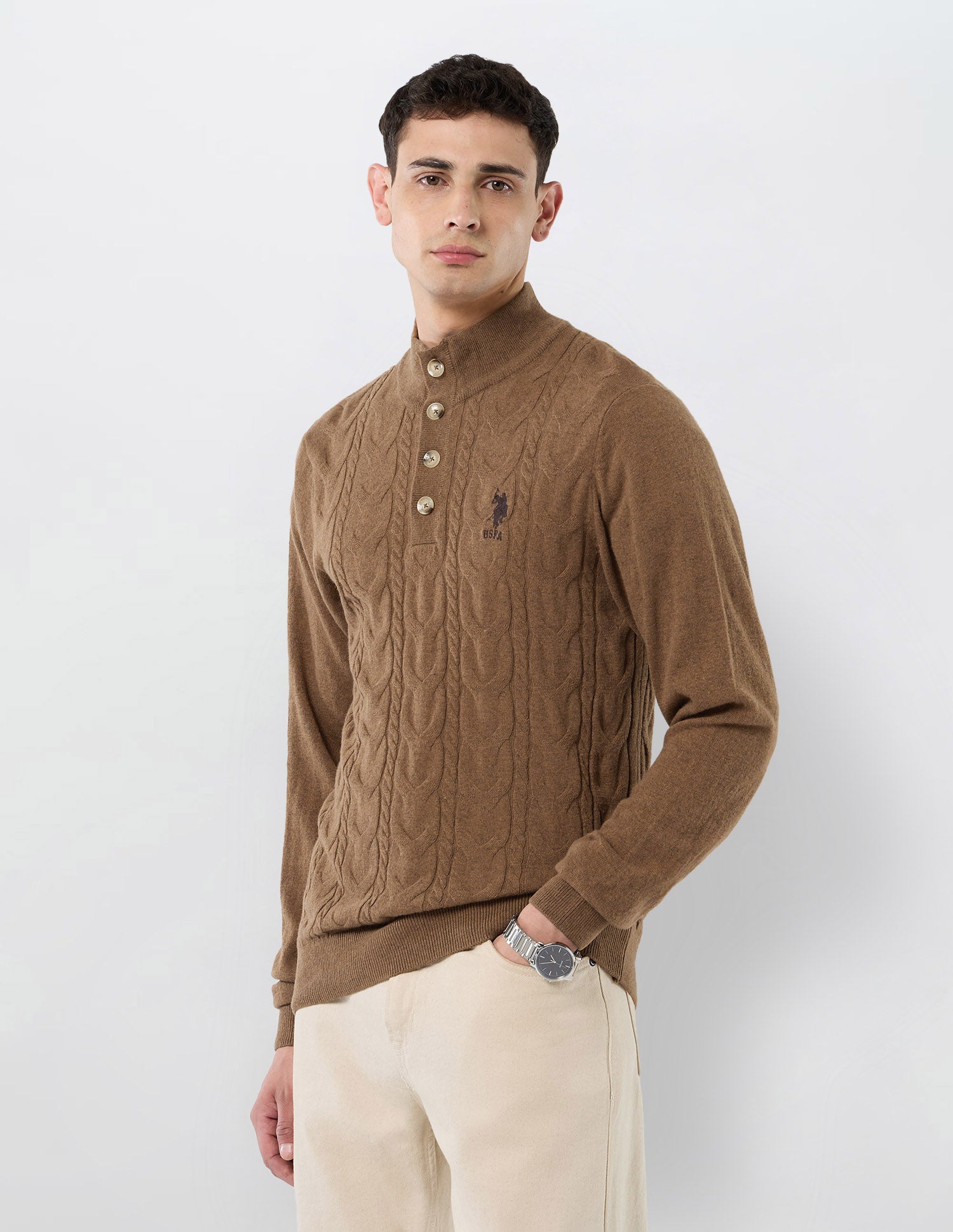 Patterned Cable Knit Regular Fit Sweater Khaki - U.S. POLO ASSN. | Large