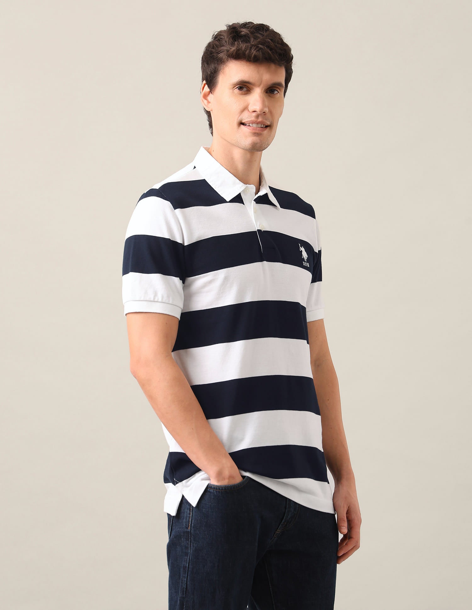 Horizontal Striped Slim Fit Polo Shirt White - U.S. Polo Assn. India | Large