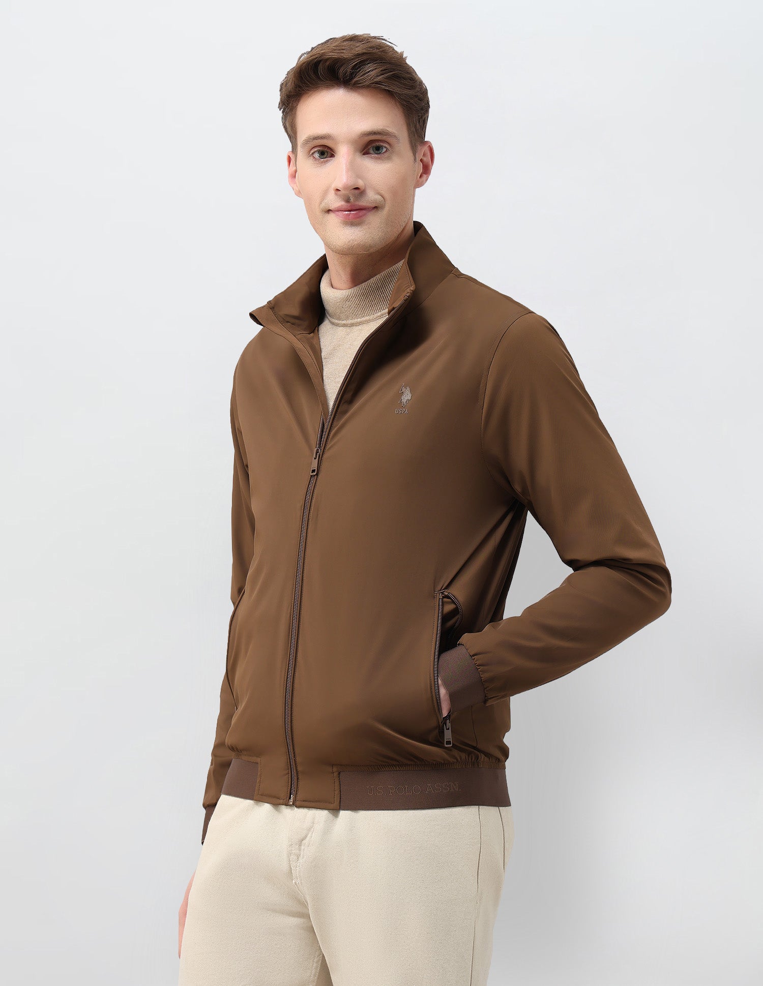 Solid Regular Fit Jacket Khaki - U.S. Polo Assn. India | Large
