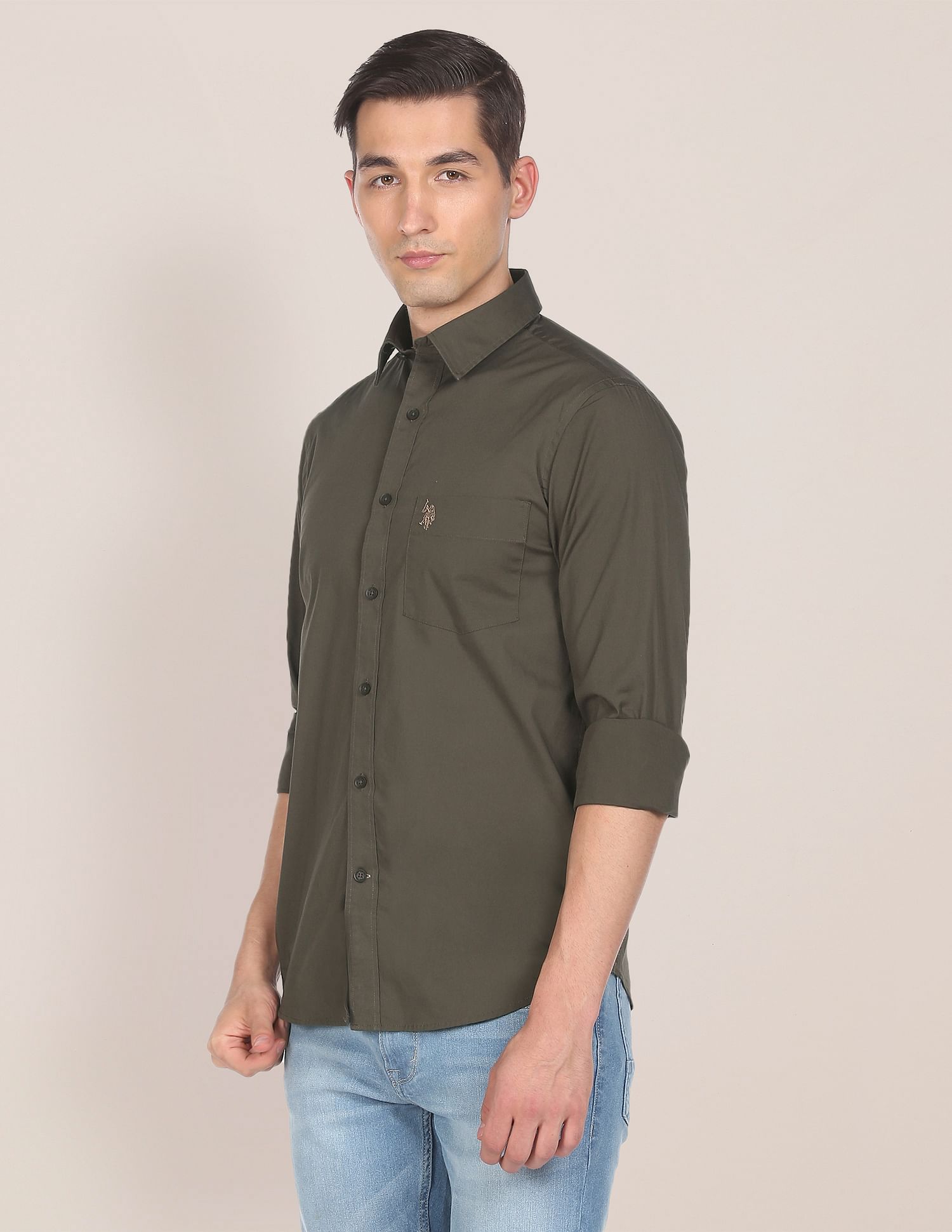 Solid Tailored Fit Casual Shirt Olive - U.S. POLO ASSN. | Large