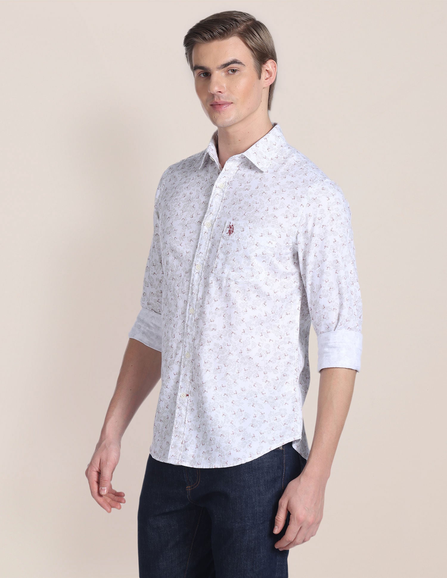 Floral Print Dobby Shirt White and Red - U.S. POLO ASSN. | Large