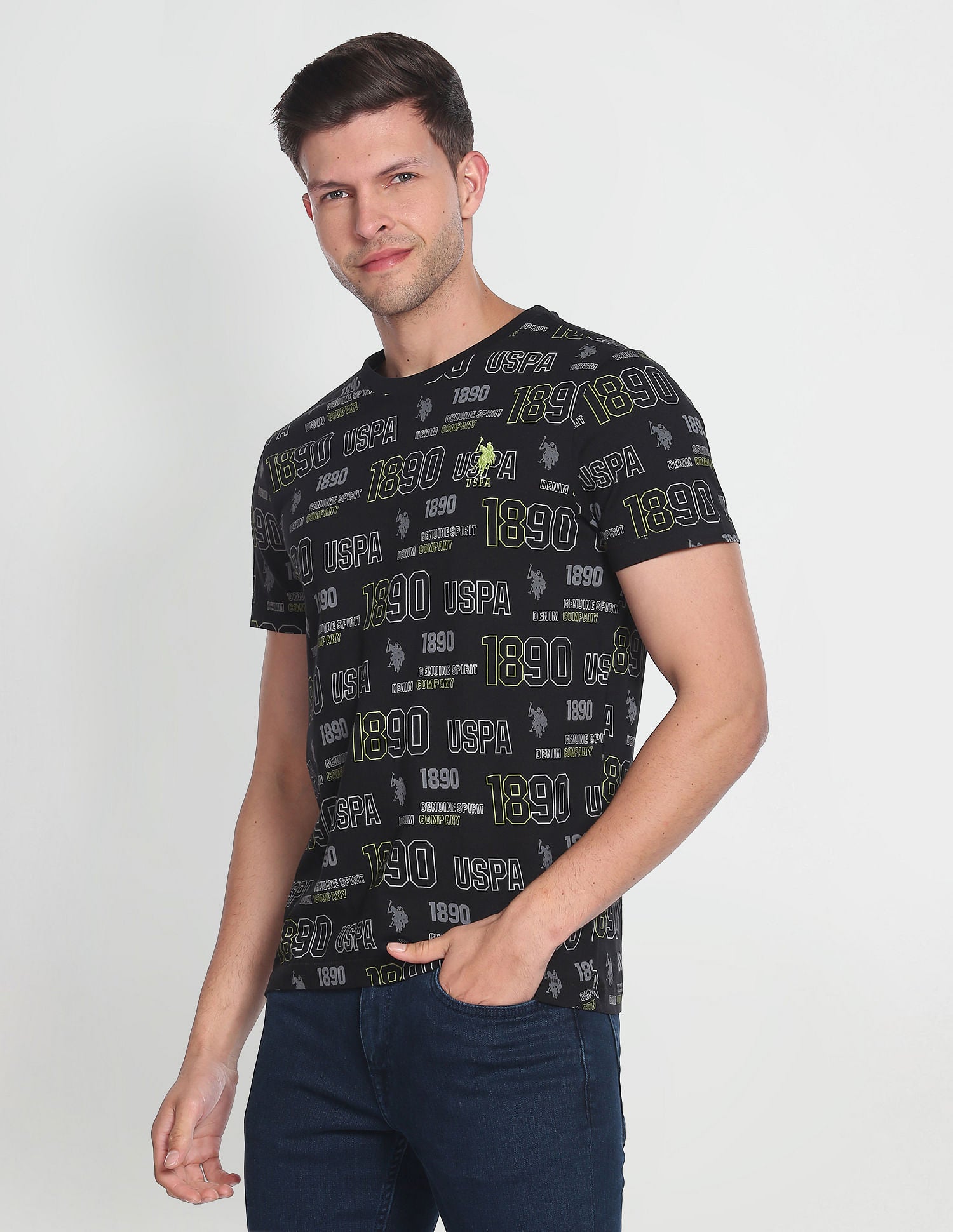 Iconic All Over Brand Print T-Shirt Black - U.S. Polo Assn. India | Large