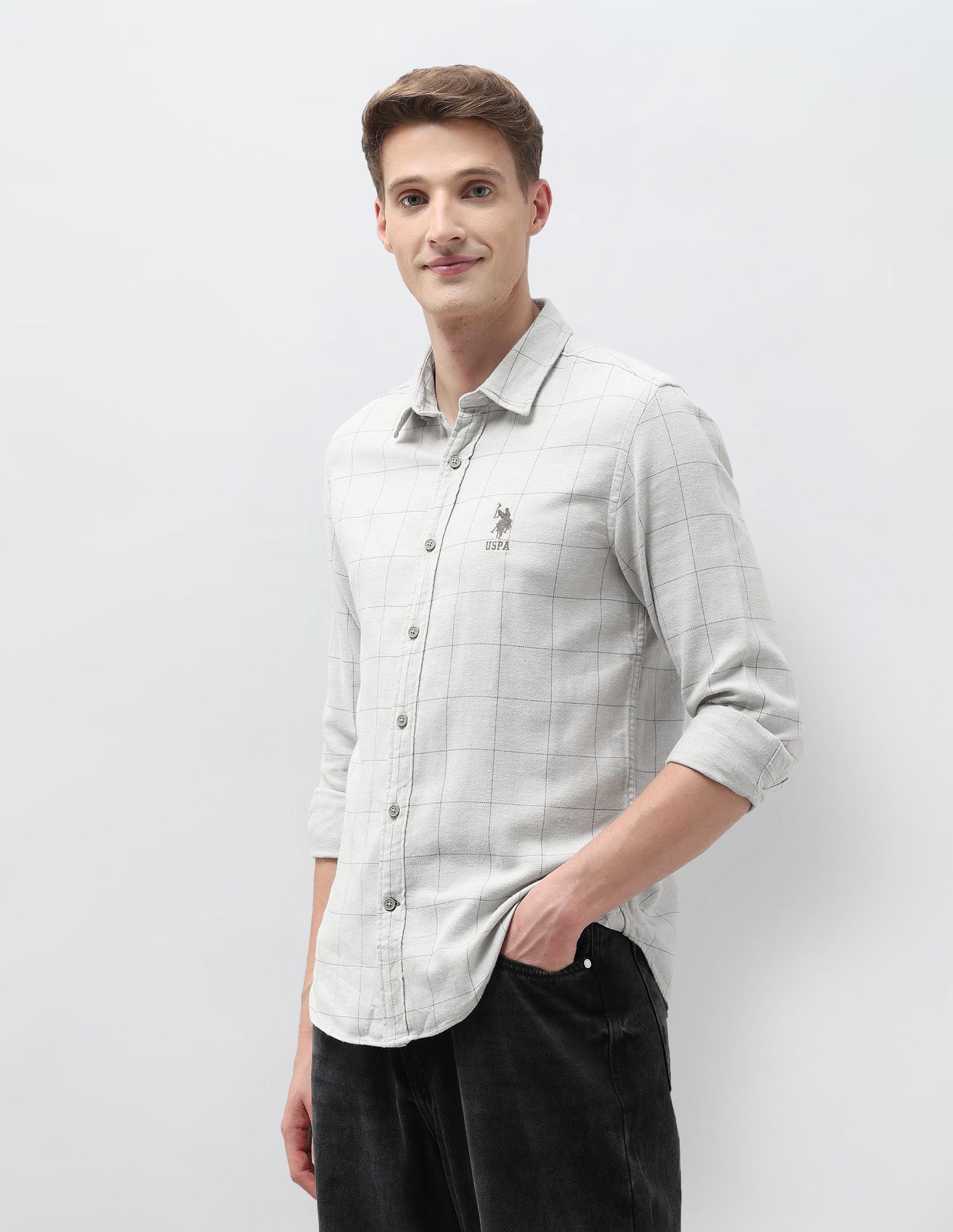 Windowpane Checked Twill Shirt Light Olive - U.S. Polo Assn. India | Large