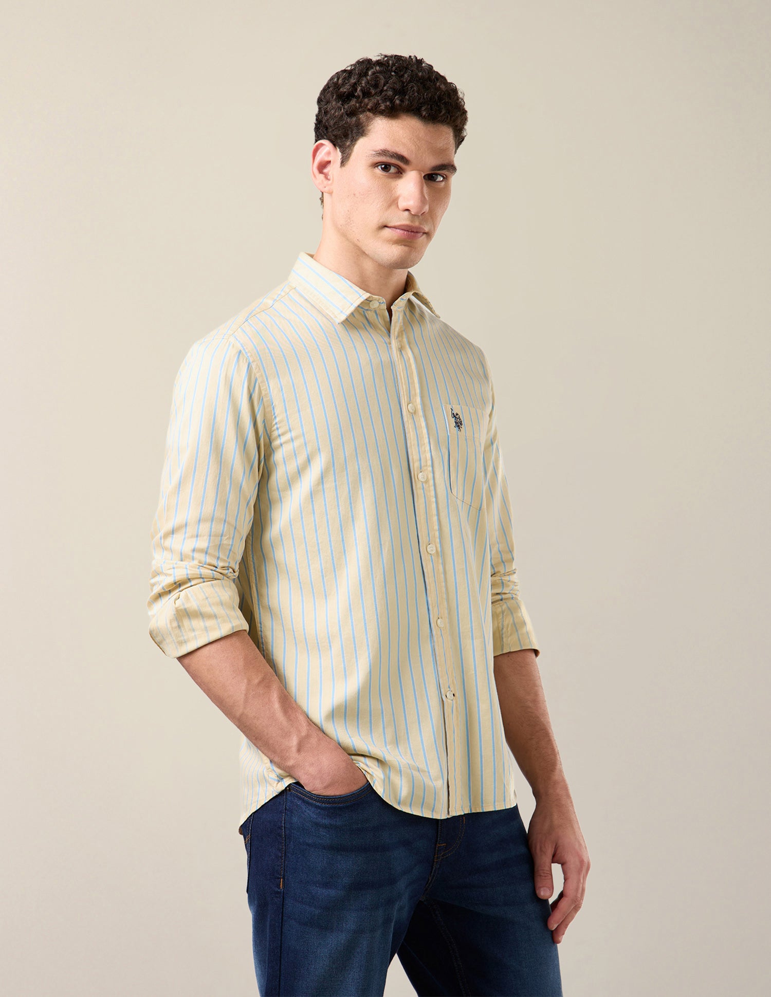 Vertical Striped Twill Shirt Light Yellow - U.S. Polo Assn. India | Large