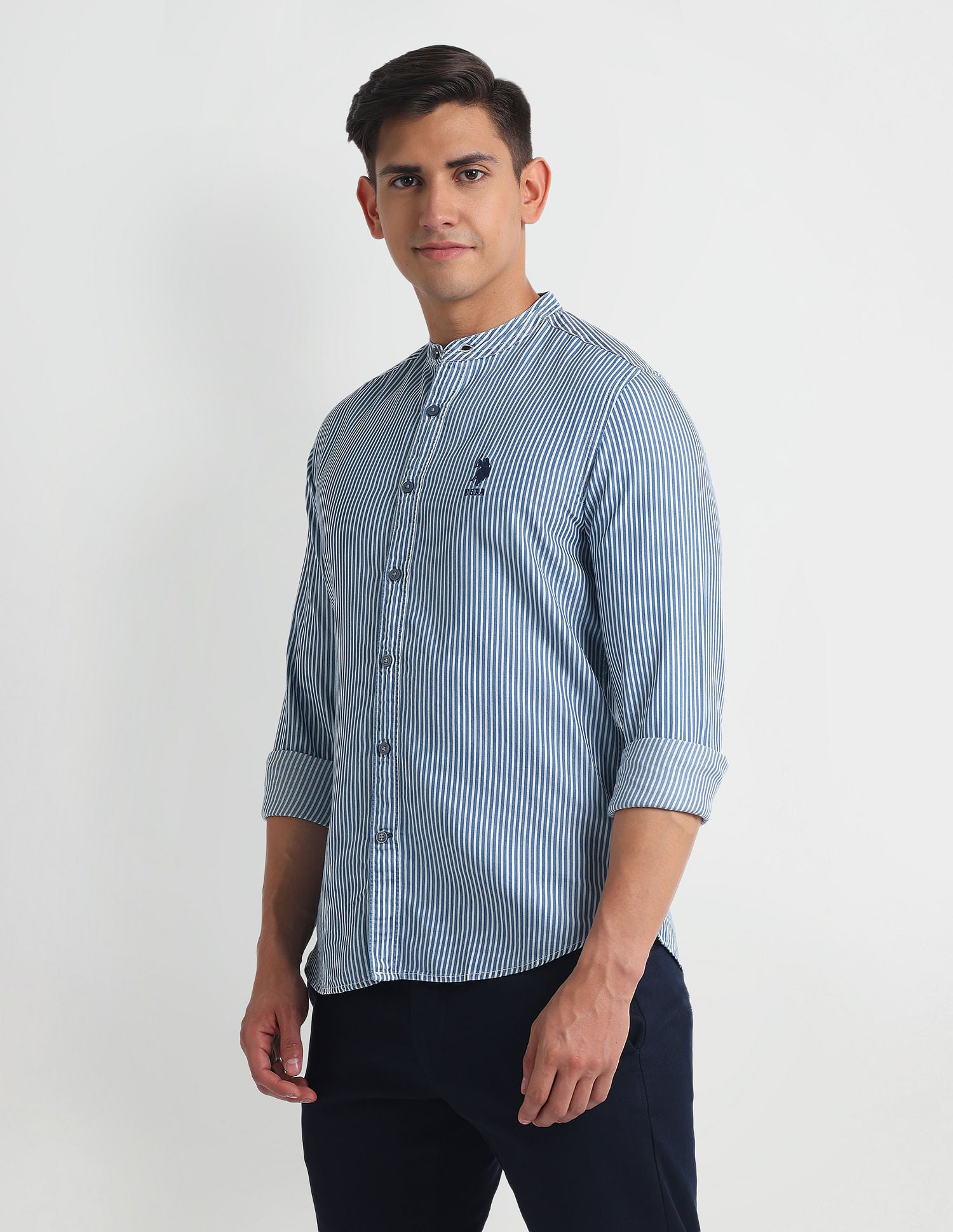 Mandarin Collar Twill Shirt Blue - U.S. Polo Assn. India | Large