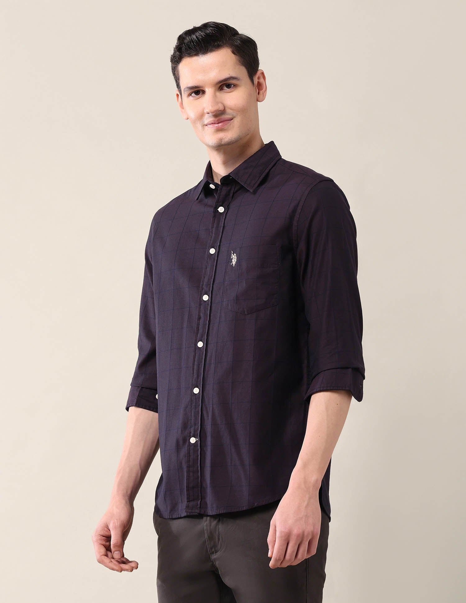 Windowpane Checked Tailored Fit Shirt Purple - U.S. POLO ASSN. | Large
