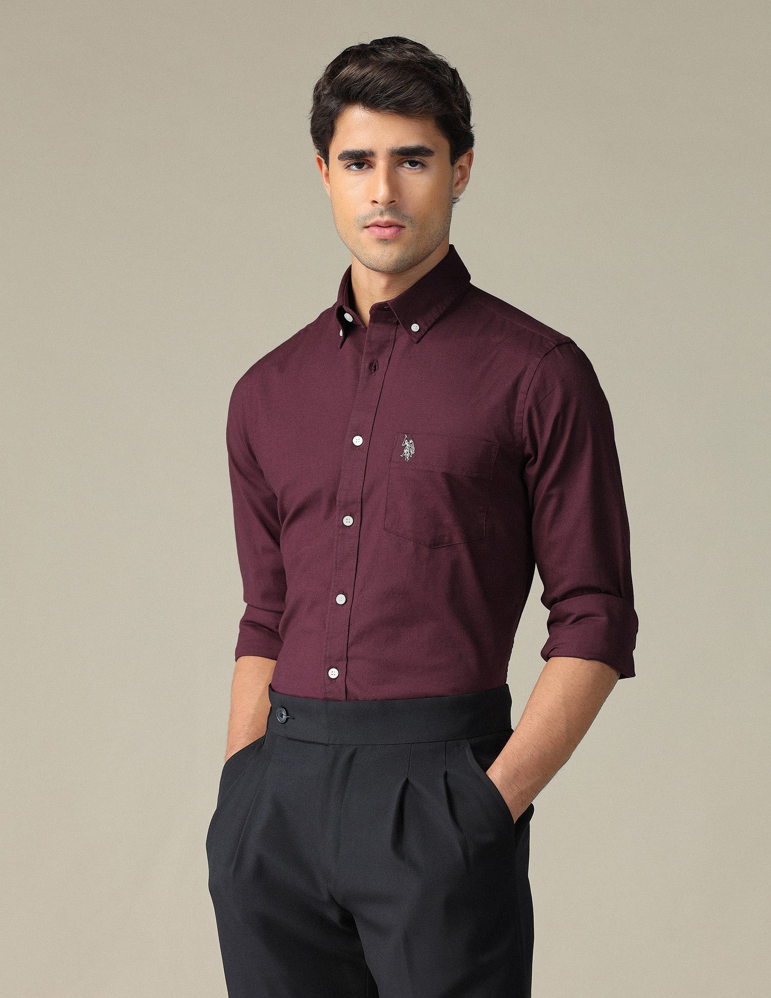 Tailored Fit Dobby Button Down Shirt Maroon - U.S. POLO ASSN. | Large